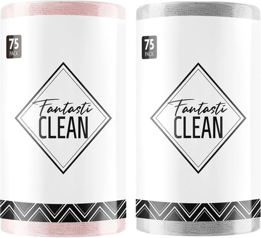 Fantasticlean Microfiber Cleaning Cloth Roll -150 Sheets, Tear Away Microfiber Towels, 12" x 12", Reusable Washable, Ultra Absorbent Dish Rags for Car, Home, Garage or Shop (Pink and Grey)