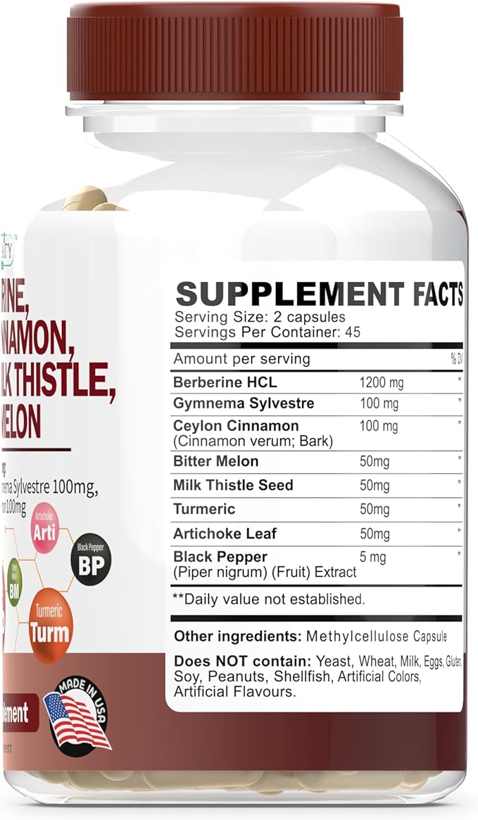 ClarinBeauty Premium Berberine 1200mg Ceylon Cinnamon 100mg Tumeric 50mg Milk 50mg Bitter 50mg Artichoke 50mg with 90 Capsules