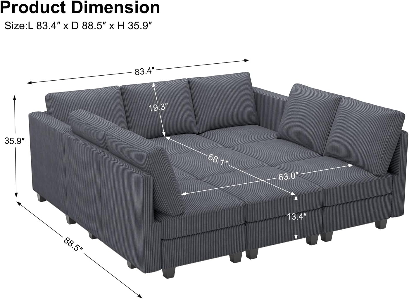 Belffin Corduroy Modular Sectional Sofa 9 Seat Convertible Sectional Sleeper Sofa Bed with Storage Ottomans Modular Sectional Couch Bed for Living Room Dark Grey