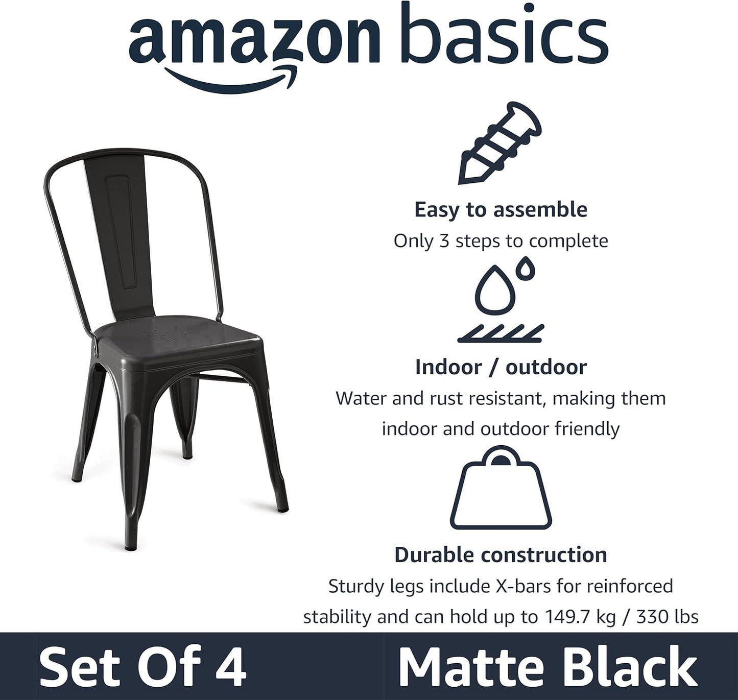 Amazon Basics Metal Dining Chairs, Matte Black, 1 Count (Pack of 4)