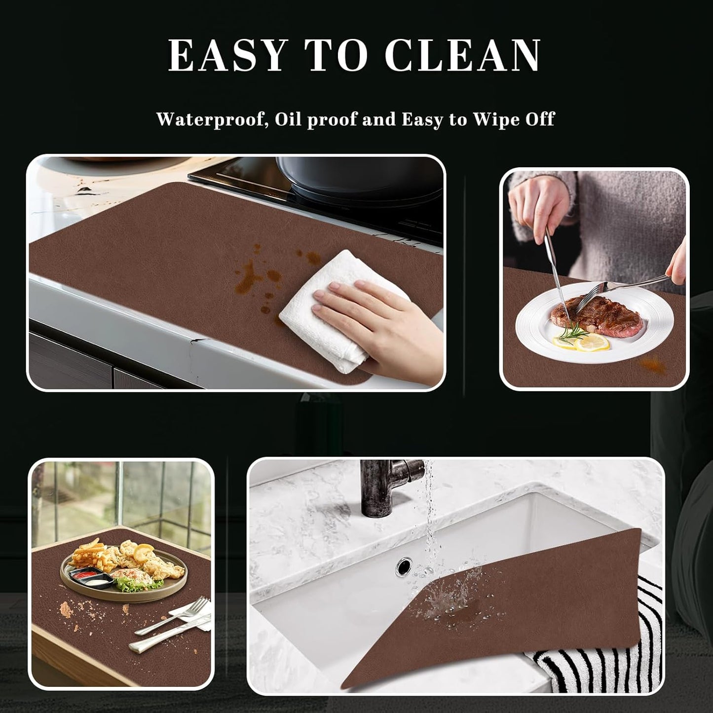 BLESWIN Faux Leather Placemats, Set of 6, 12×17 Inch -Double Side Texture Color Table Mats, Heat-Resistant, Waterproof and Oil-Resistant, Suitable for Dining Room, Kitchen, Party, Outdoor - Brown