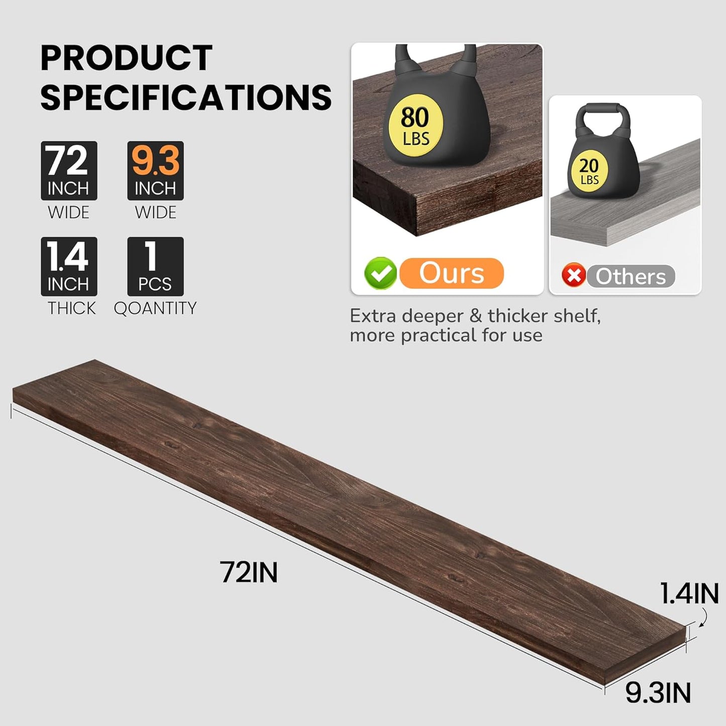 Fun Memories Floating Shelves for Wall, 72"x9.3" Rustic Solid Elm Wood Wall Shelves, Heavy-Duty Wall Mounted Shelves with Invisible Brackets, Set of 2 for Living Room, Bedroom, Kitchen, Walnut Finish