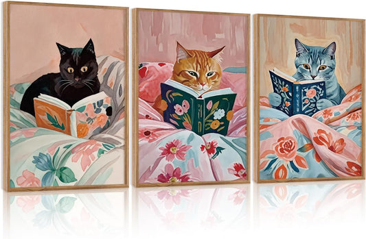 HPNIUB Framed Vintage Black Cats Canvas Wall Art, Funny Animal Reading Books Poster Printing Pictures, Pink Cute Cat Lovers Wall Decor for Girls Room Bedroom Kids Room Living Room Classroom- 24 x36 x3