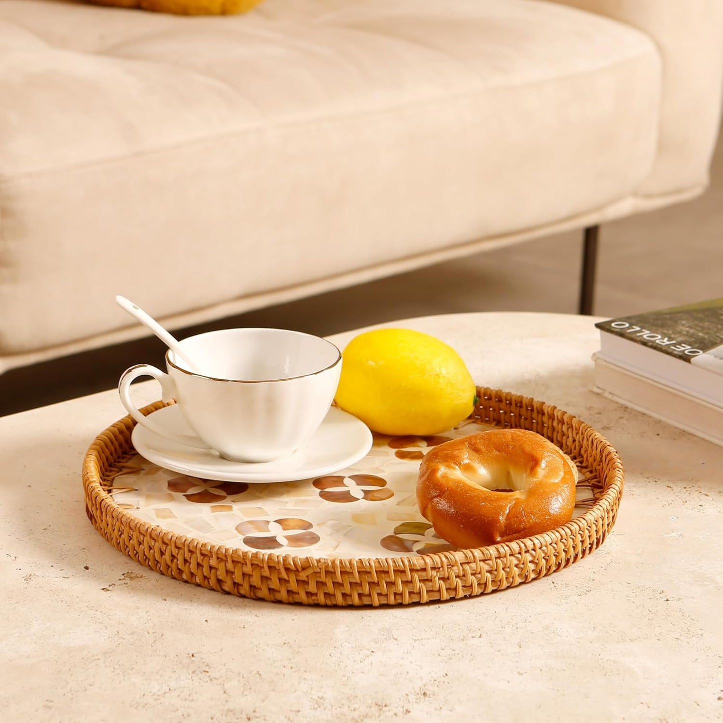 Round Rattan Tray with Mother of Pearl Inlay & Wooden Base - Decorative Wicker Serving Tray for Coffee/Bread/Fruits, Food Storage & Display - Multipurpose Home Decor (M,Four-Petal Flower)