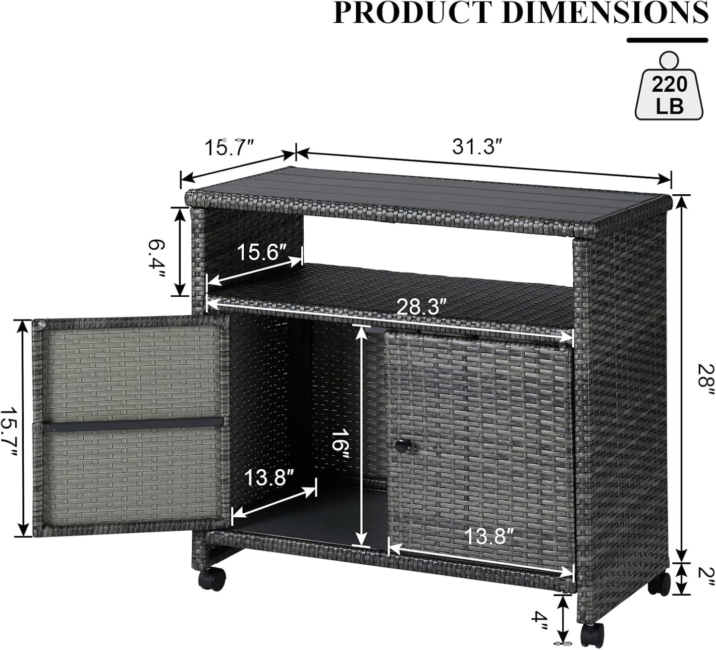 Outdoor Wicker Storage Cabinet,Patio Bar Table with Wheel, Outdoor Buffet Cabinet Movable, Garden Weather-Proof Bar Table/Cart for Indoor&Outdoor (Morden Gray)