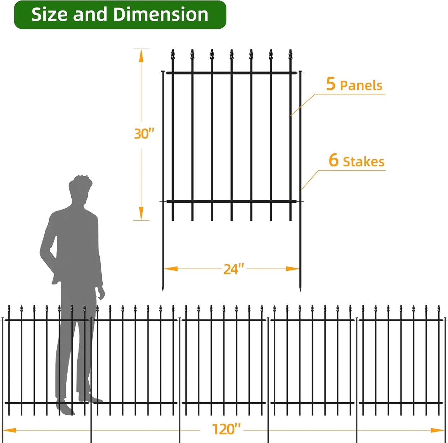 Metal Garden Fence 30 in H x 10 ft L,Border Fence Panels Animal Barrier for Dogs, No Dig Garden Fencing for Yard Patio Flower Bed Lawn Outdoor,5 Panels + 6 Stakes Black