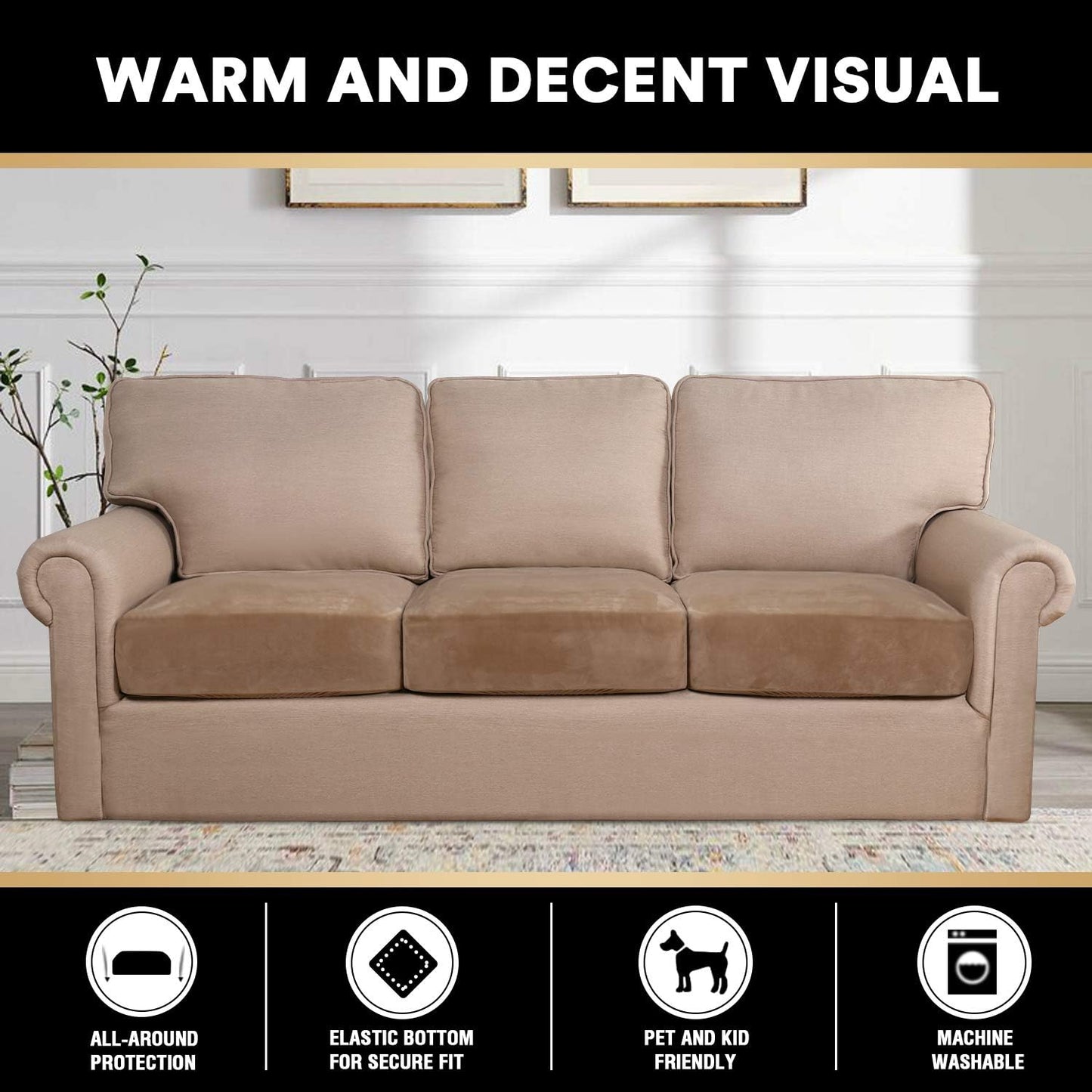 PrinceDeco Super Soft Couch Cushion Covers for Sectional Couch, Velvet Sofa Slipcover for Cushion Sofa pet Friendly with Elastic Bottom(Each Width Up to 29.5", Camel)