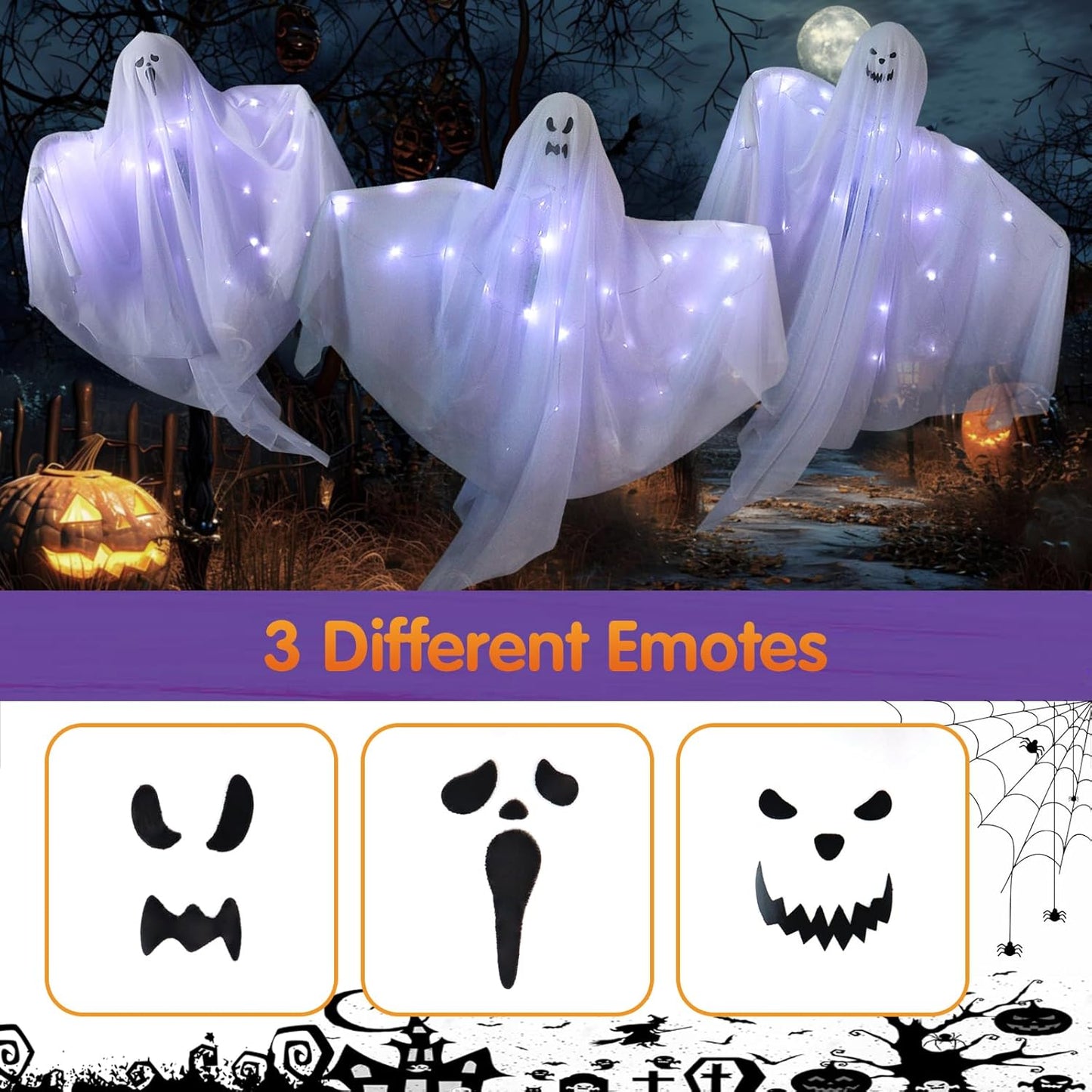 6 Pack Halloween Hanging Ghost Decorations with Lights, 27.5 Inch LED Light-Up Spooky Ghosts Indoor Outdoor Ornaments, Halloween Flying Hanging Ghosts for Haunted House Prop, Front Yard Patio Party