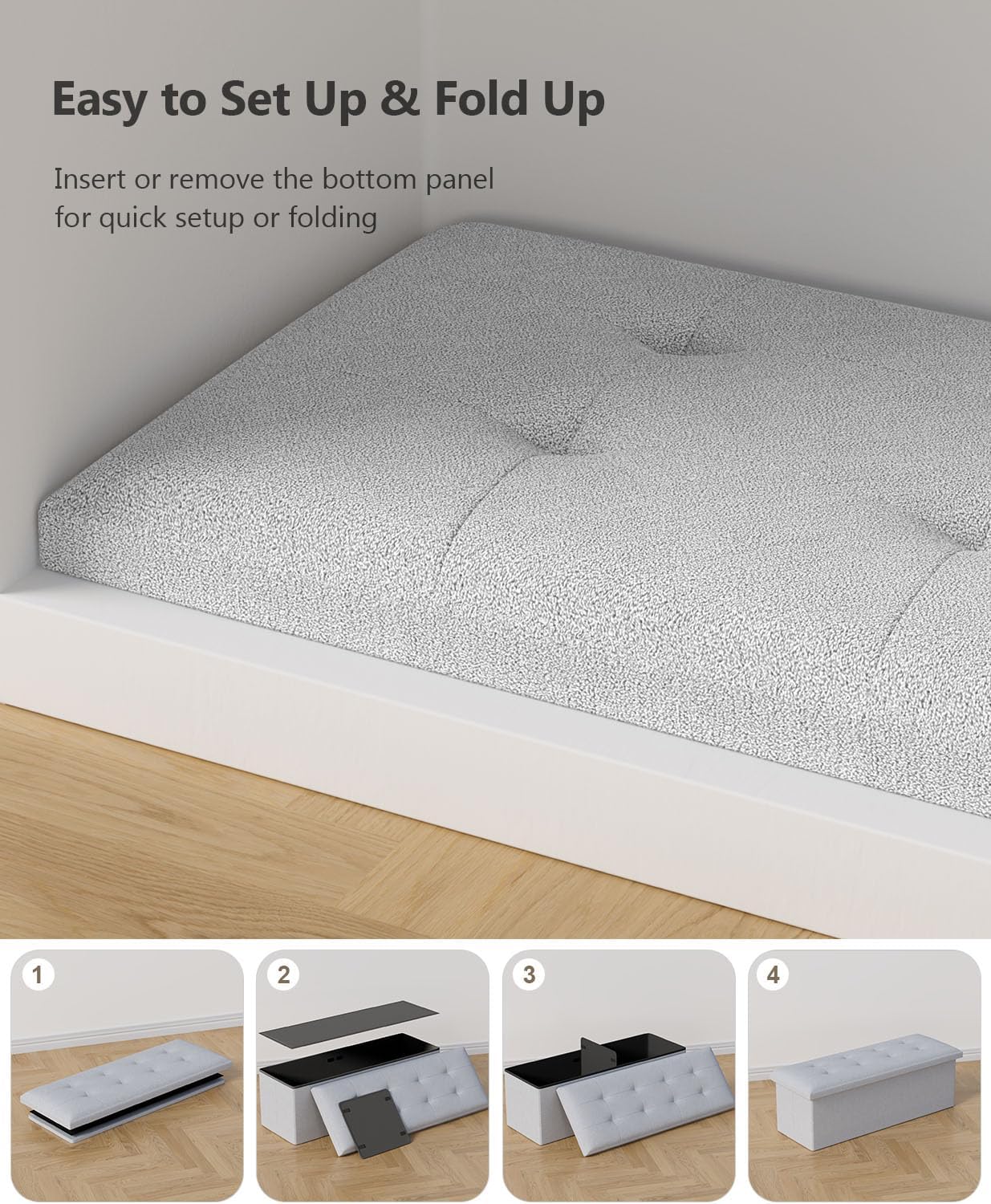 Storage Ottoman Bench, Folding Ottoman Foot Rest, End of Bed Bench,Storage Chest, for Living Room, Bedroom, Hallway, Entryway, Holds up to 700 lb (Light GREY1, 43")