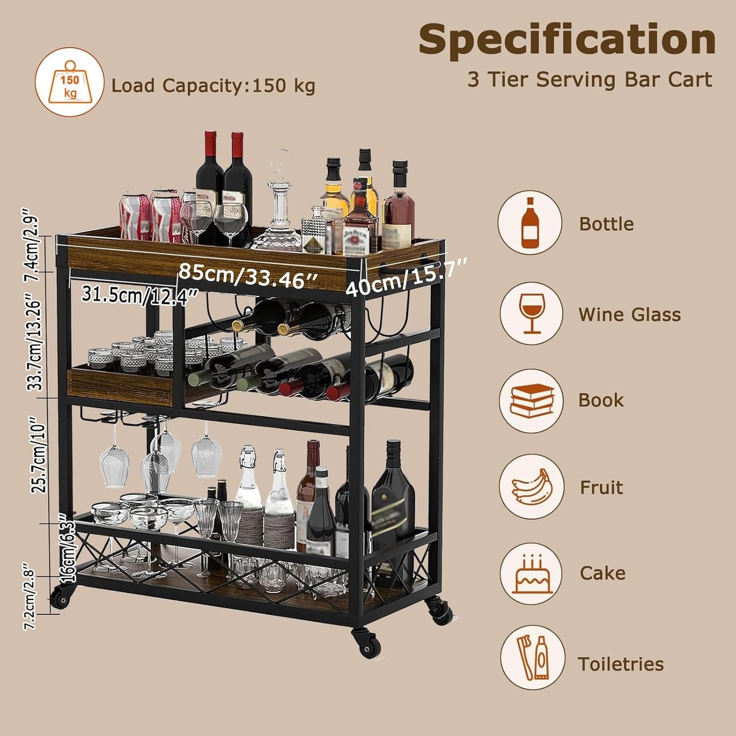 Vintage Bar Cart with Removable Tray and Wheels, Mobile Home Bar Serving Cart with Wine Rack, Glass Holder and Storage Shelves, 3-Tier Rolling Beverage Cart for Home or Patio