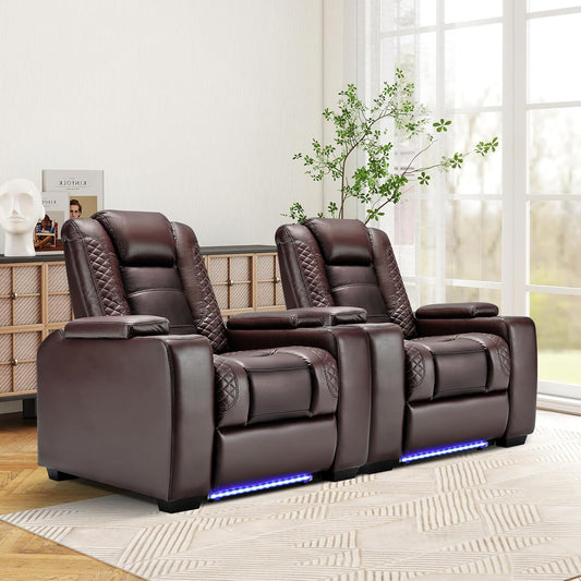 ANJ Power Home Theater Seating Set of 2, Brown Faux Leather Electric Recliner Chair with Powered Headrest, Dual Motors Movie Reclining Chairs with LED Lights,USB Port,Cup Holders, Hidden Arm Storage
