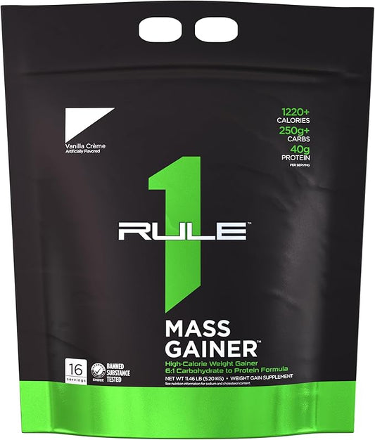 Rule One Proteins, Mass Gainer - Vanilla Crème, High-Calorie Weight Gain Formula with 1,220+ Calories, 250g+ Complex Carb Blend, 40g All-Whey Protein, 8g of Fat Per Serving, 12 Pounds, 16 Servings