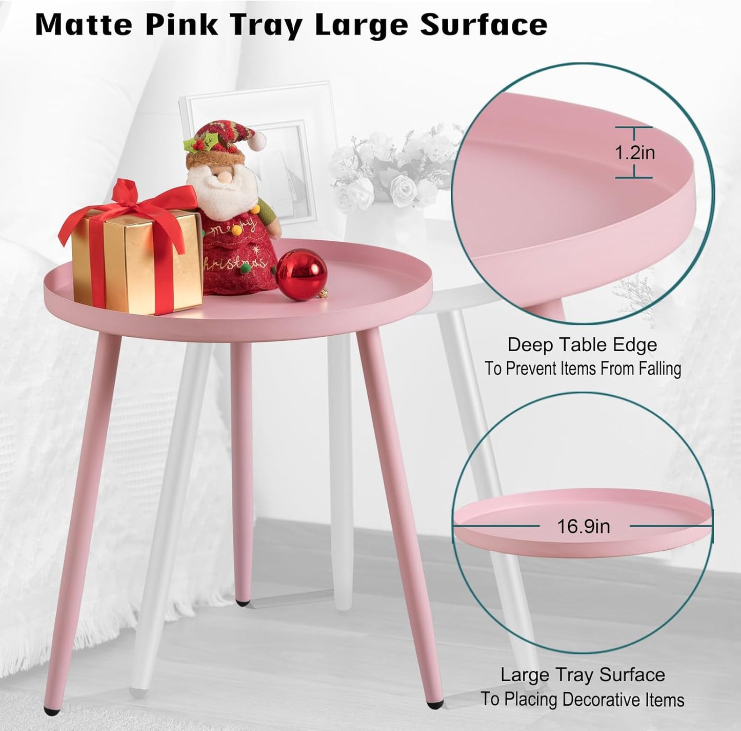 AOJEZOR Side Table: End Table for Any Room - Round Side Tables for Small Spaces - Pink with 3 Legged