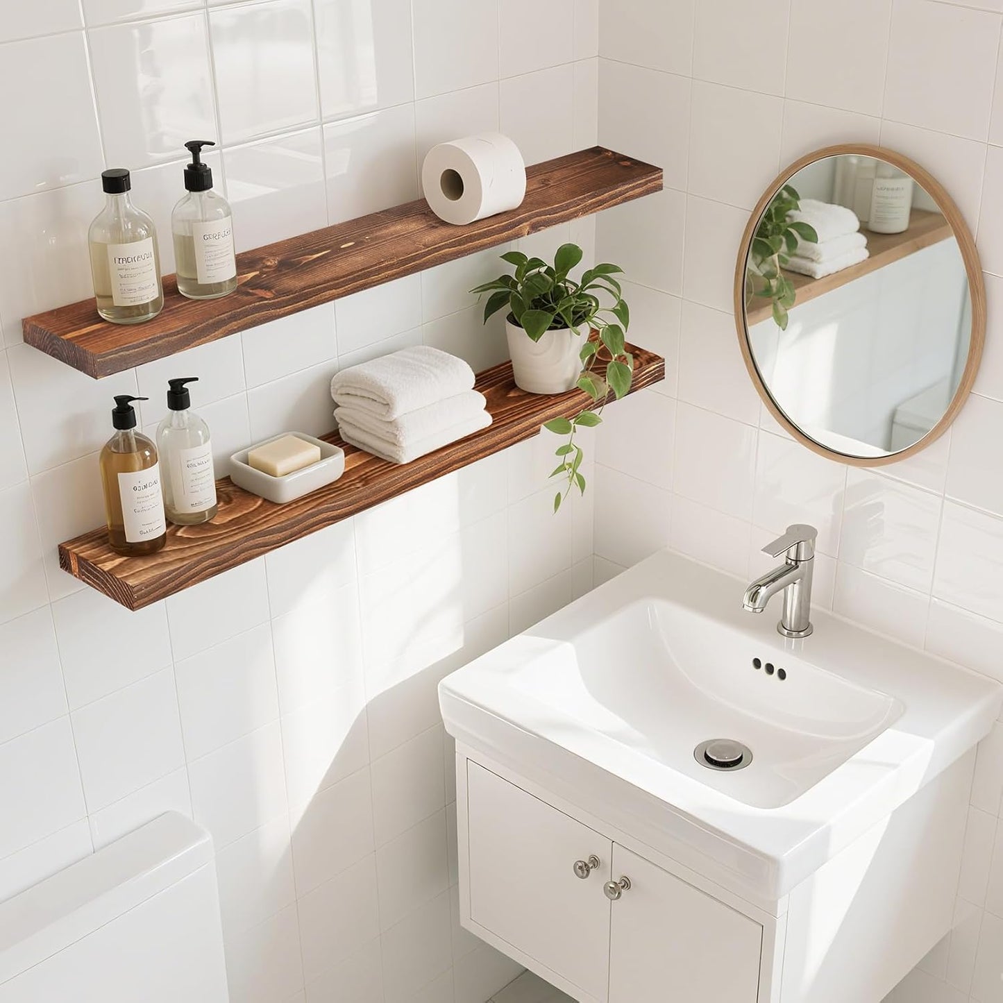 Floating Wall Shelves 2-Pack - 36-Inch Rustic Brown Wooden Shelves for Storage and Décor, Easy Installation for Living Room, Bedroom, and Kitchen