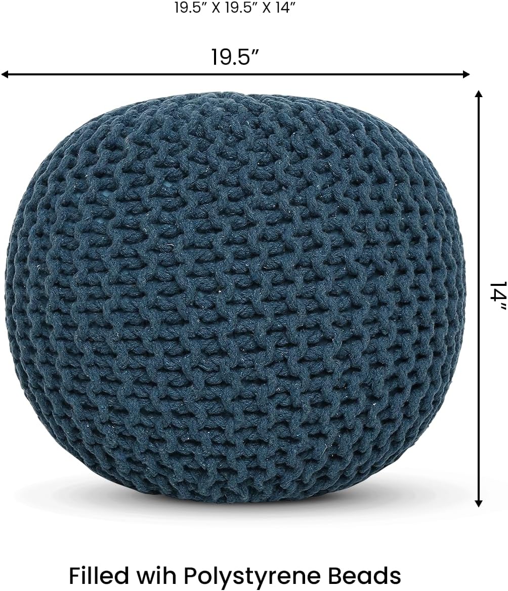 REDEARTH Round Pouf Bean Bag Ottoman - Foot Stool Hand Knitted - Home Decor Pouffe Stuffed - Cable Boho Poof Beanbag Footrest for Living Room - Nursery - Bedroom - Patio (19.5"x19.5"x14") - Teal