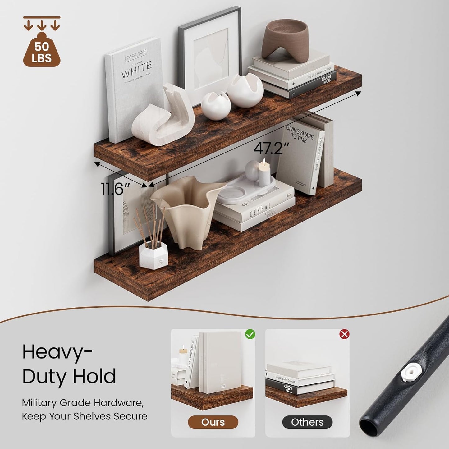 Heimlove 48W x 12D Long Floating Shelf, 12 Inch Deep Floating Shelves for Wall Set of 2, Wood Shelves for Bedroom Living Room Bathroom Kitchen Home Office, Rustic Brown