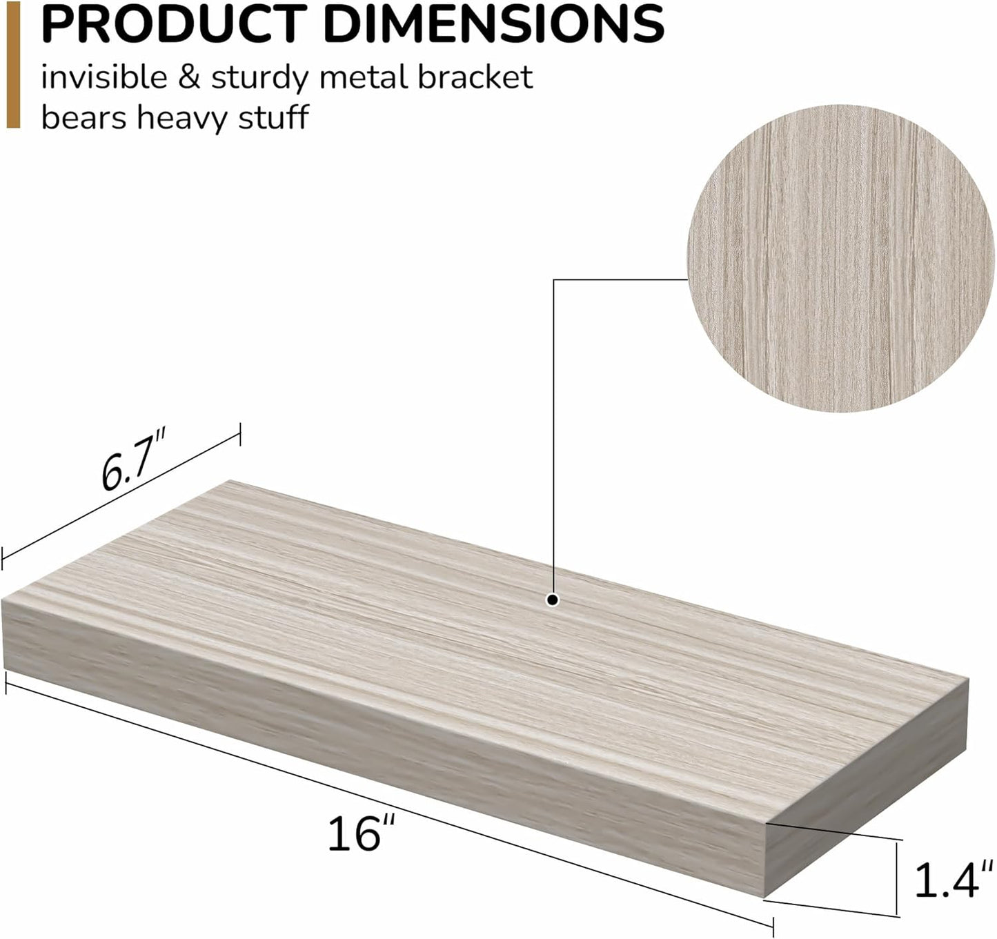 Floating Shelves - Rustic Grey Storage Shelf Set of 2 - 16 Inch Wall Mounted Shelves for Wall Decor & Storage - Wooden Shelves with Invisible Brackets for Living Room, Bedroom, Kitchen, Farmhouse