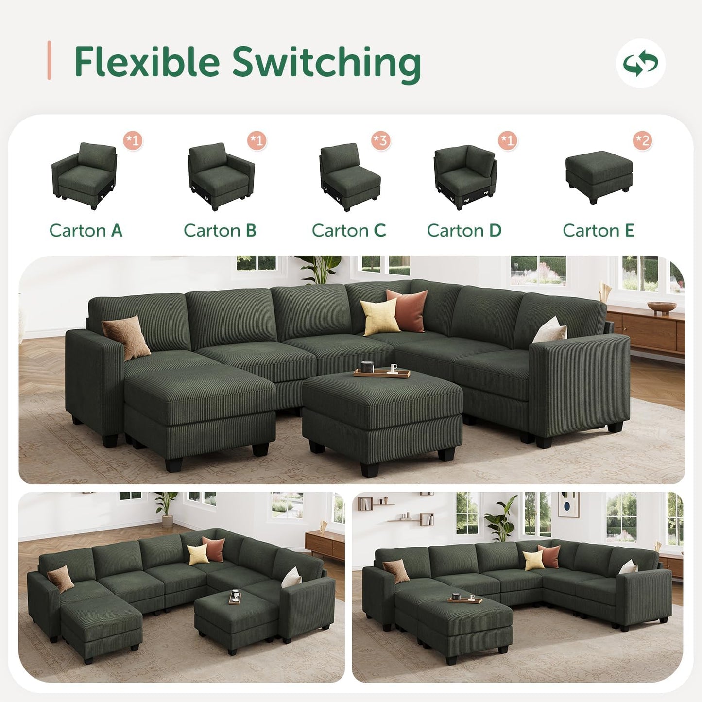 HONBAY Corduroy Sectional Couch with Storage U Shaped Sectional Sofa Modular Sectional Couches for Living Room, Green