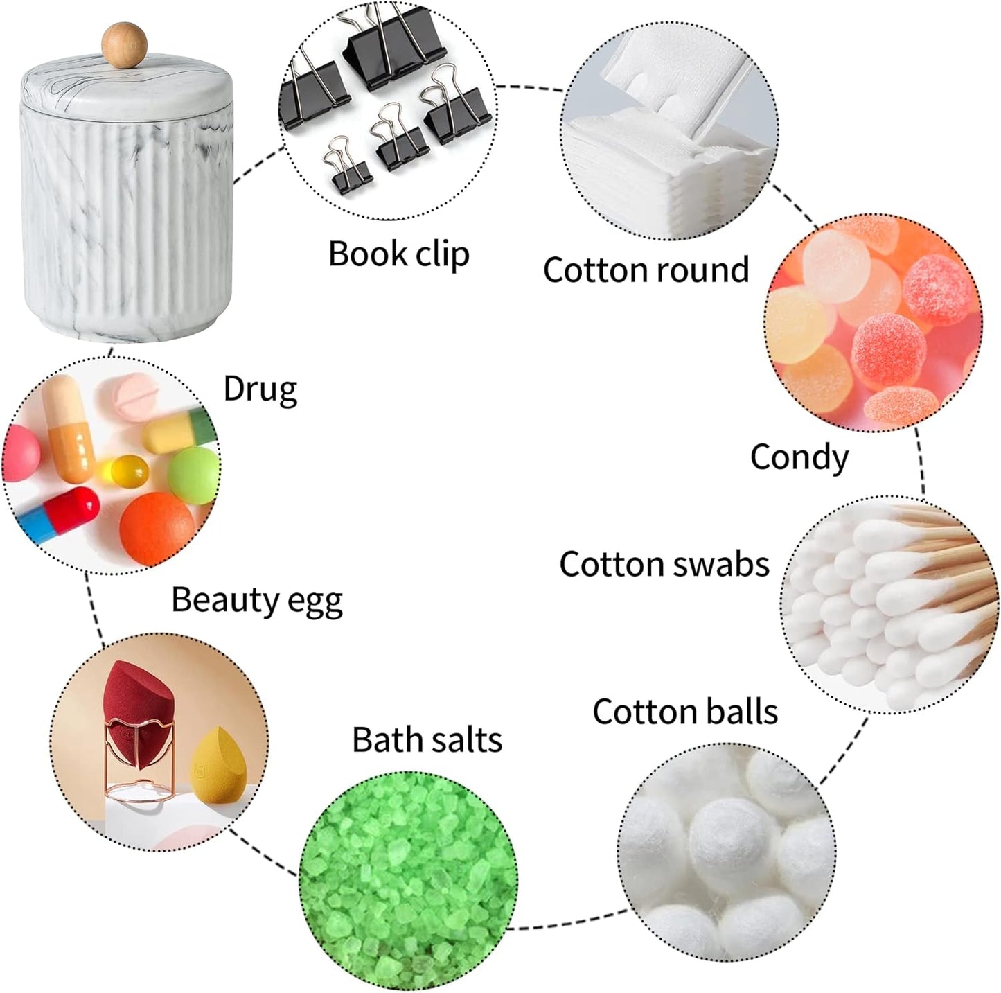 Marble Small Bathroom Jar Set ，Ceramic Cotton Swabs Holder with Lid and Dresser Organizer Set Tray for Storage and Organizing in Bathroom, Dresser, Kitchen, Office