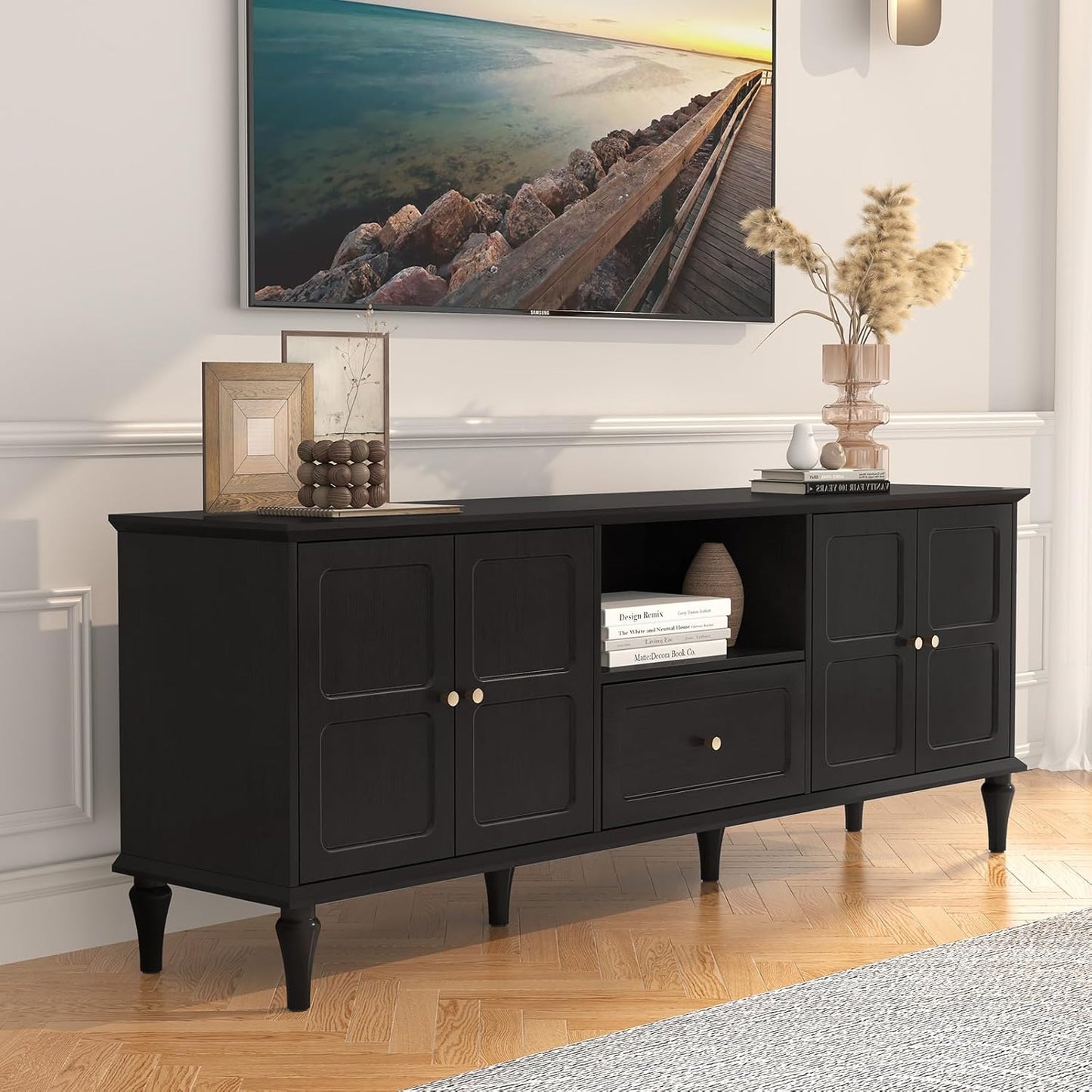 ARTPOWER 67'' Mid-Century Modern TV Stand with Storage Drawer and Doors, Long TV Stand with Adjustable Shelves for 75 Inch TV for Living Room, Bedroom, Black