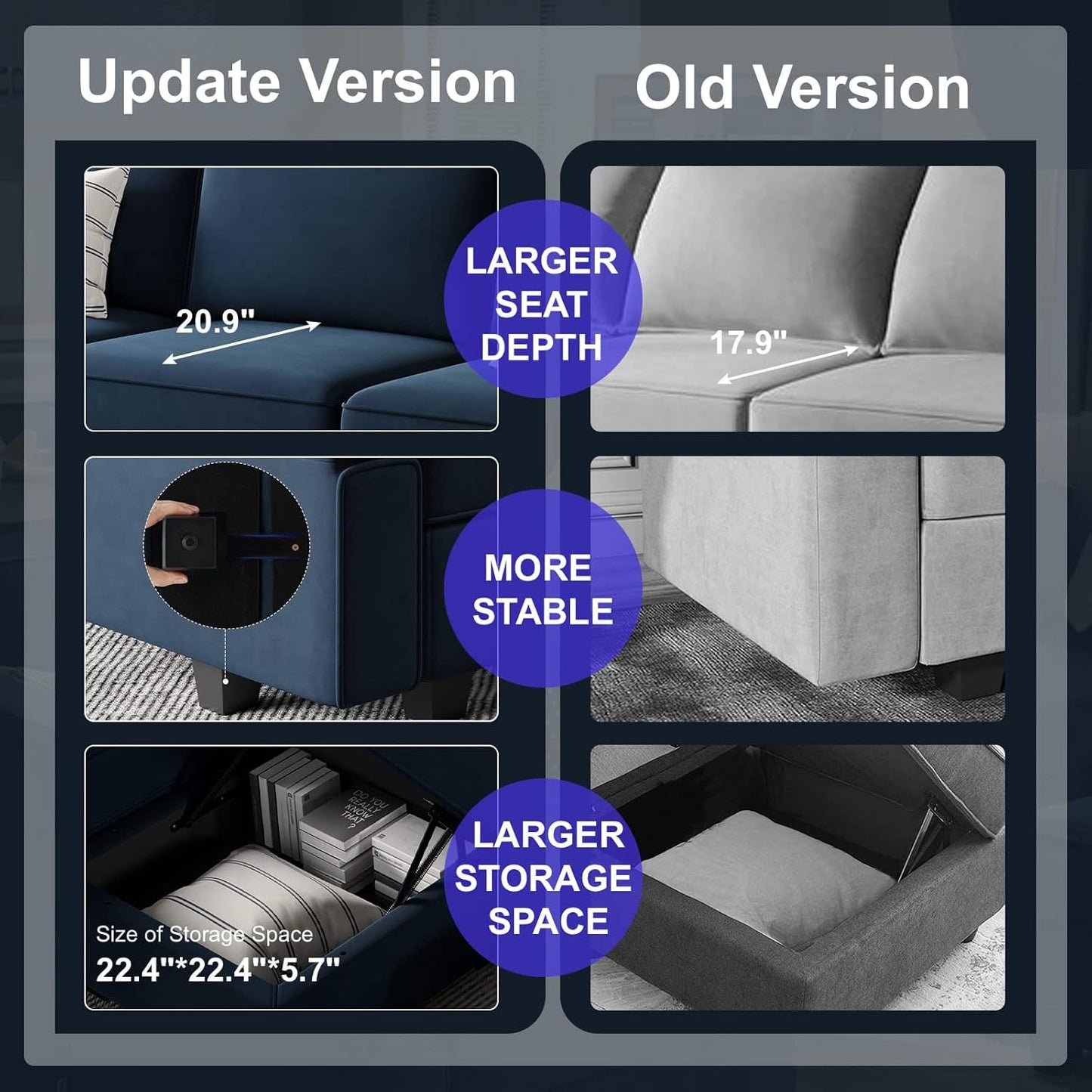 Belffin Convertible Sectional Sofa with Chaise Velvet L Shaped Sofa Couch Modular Sectional Sofa with Storage Blue