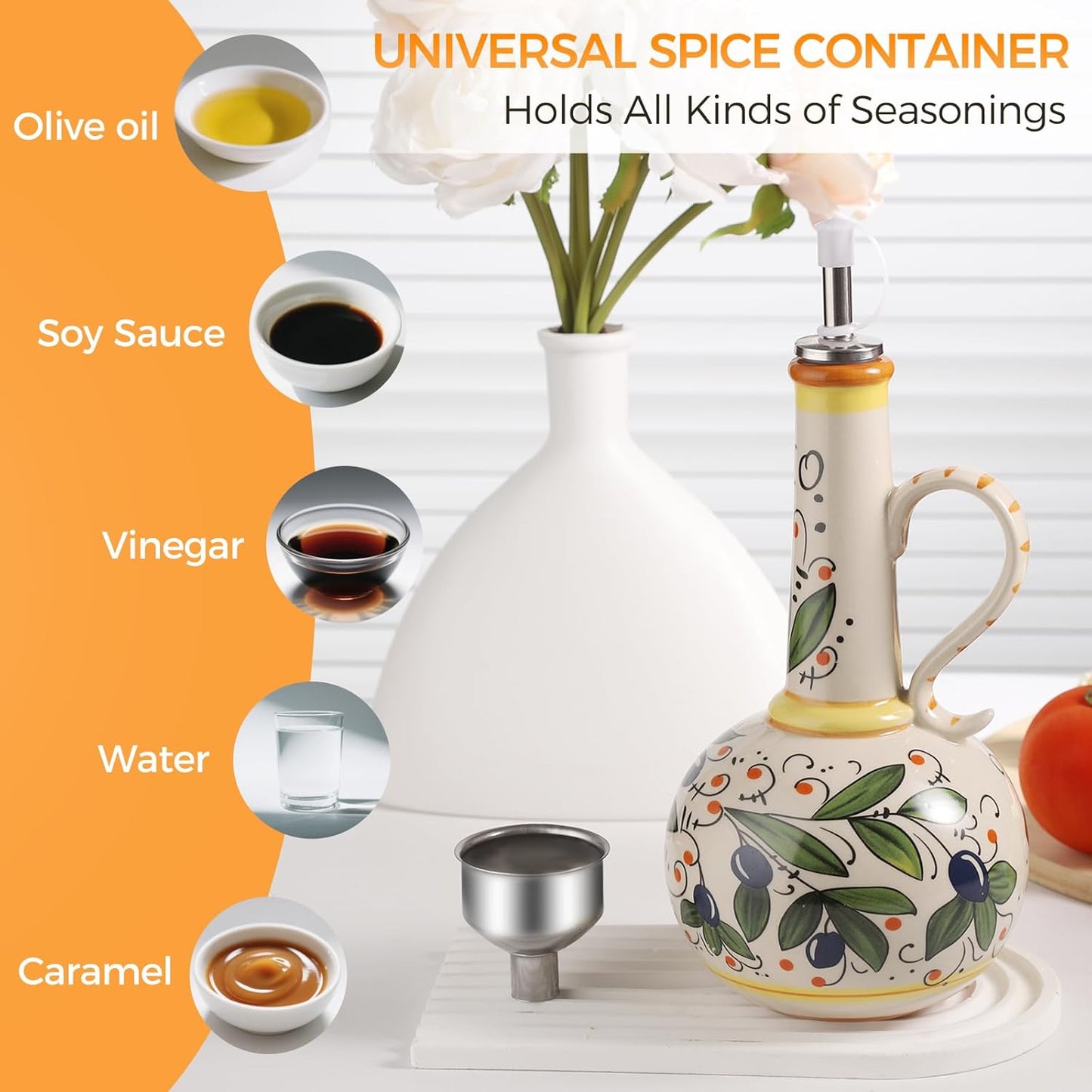 Ceramic Olive Oil Dispenser Bottle 23oz with Handles, Hand Painted Multi-Use Oil Cruet & Flower Vase, Decorative Stoneware Kitchen Cruet with Stainless Steel Spout for Oils, Sauces, Vinegar (B)