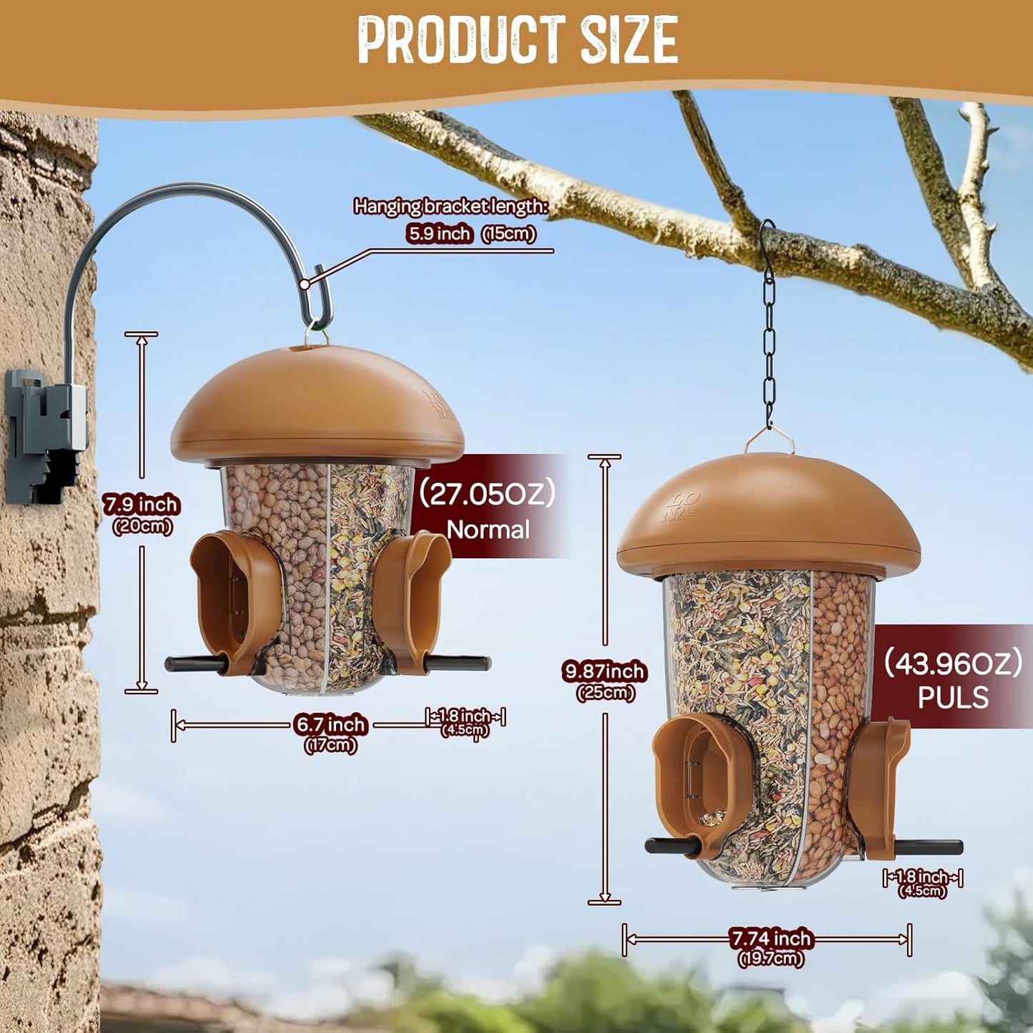 LONA Bird Feeders for Outdoors Hanging – 3 Separate Compartments, 3 Feeding Ports, Weatherproof Dome & 3 Ways to Hang, Large Capacity for Cardinals/Finches (Brown，Plus