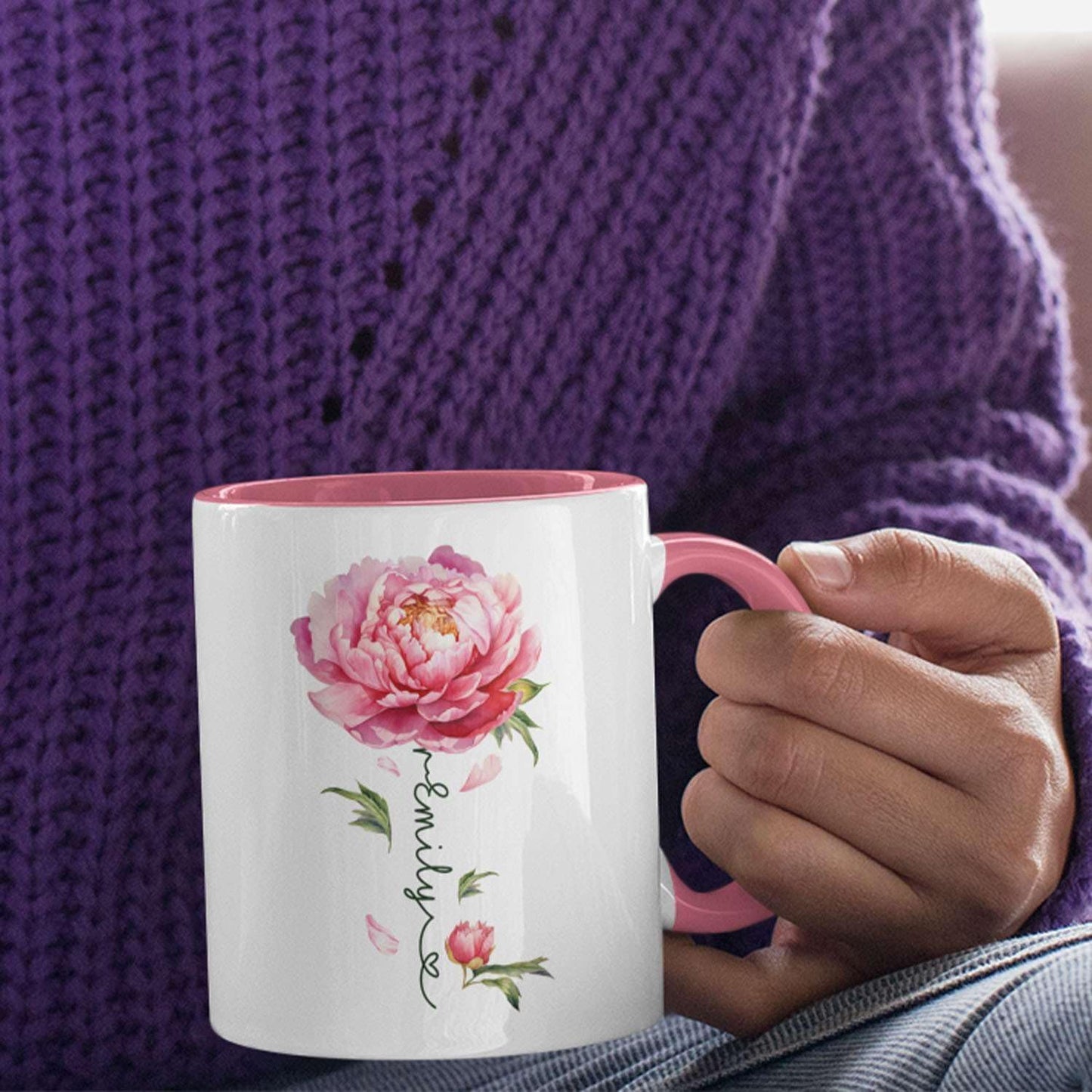Flower Design Mug With Custom Name, Unique Peony Flower Ceramic Cup, Customized Flower Lover Coffee Mug, Personalized Peony Themed Decorative Cup, Novelty Peony Accent Mug 11oz 15oz