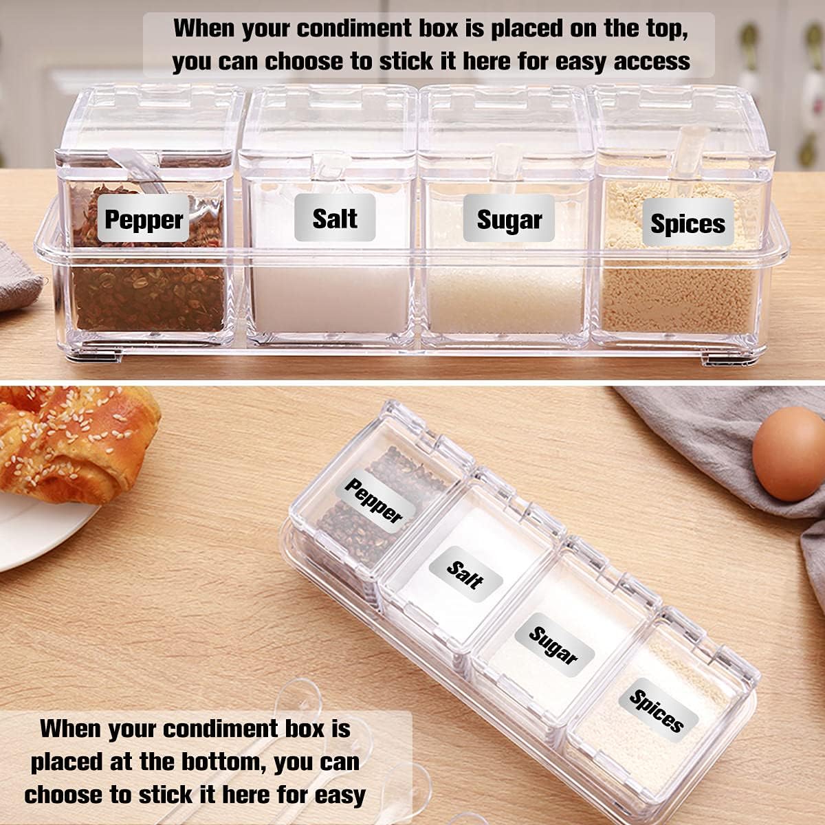 XIUDI Clear Seasoning Rack Spice Pots-4 Pieces Clear Seasoning Storage Container for Spice Salt Sugar Cruet.Acrylic Seasoning Box, Cruet with Cover and Spoon