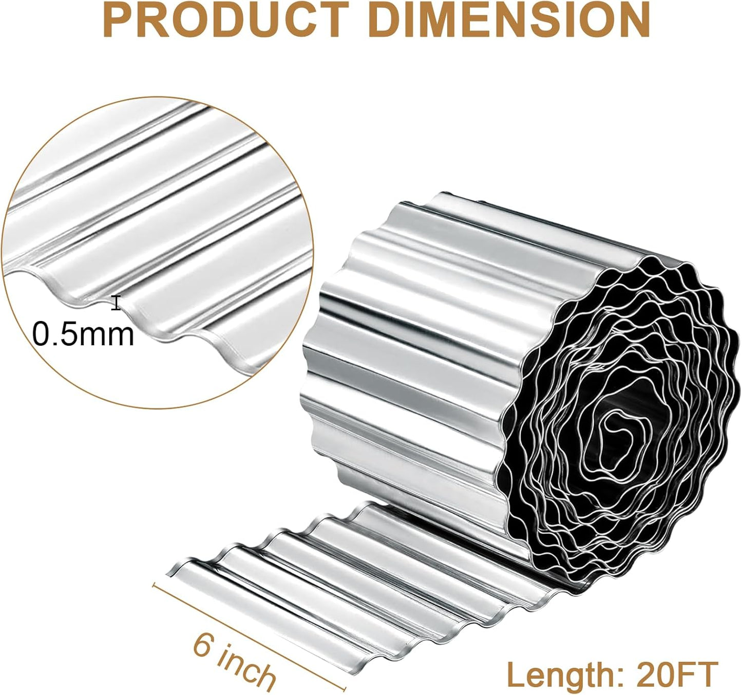 Garden Edging, Corrugated Garden Edging Border Metal Landscaping Edging Border Suitable for Flower Bed and Lawn Edging (6 Inch x 20 FT, Silver)