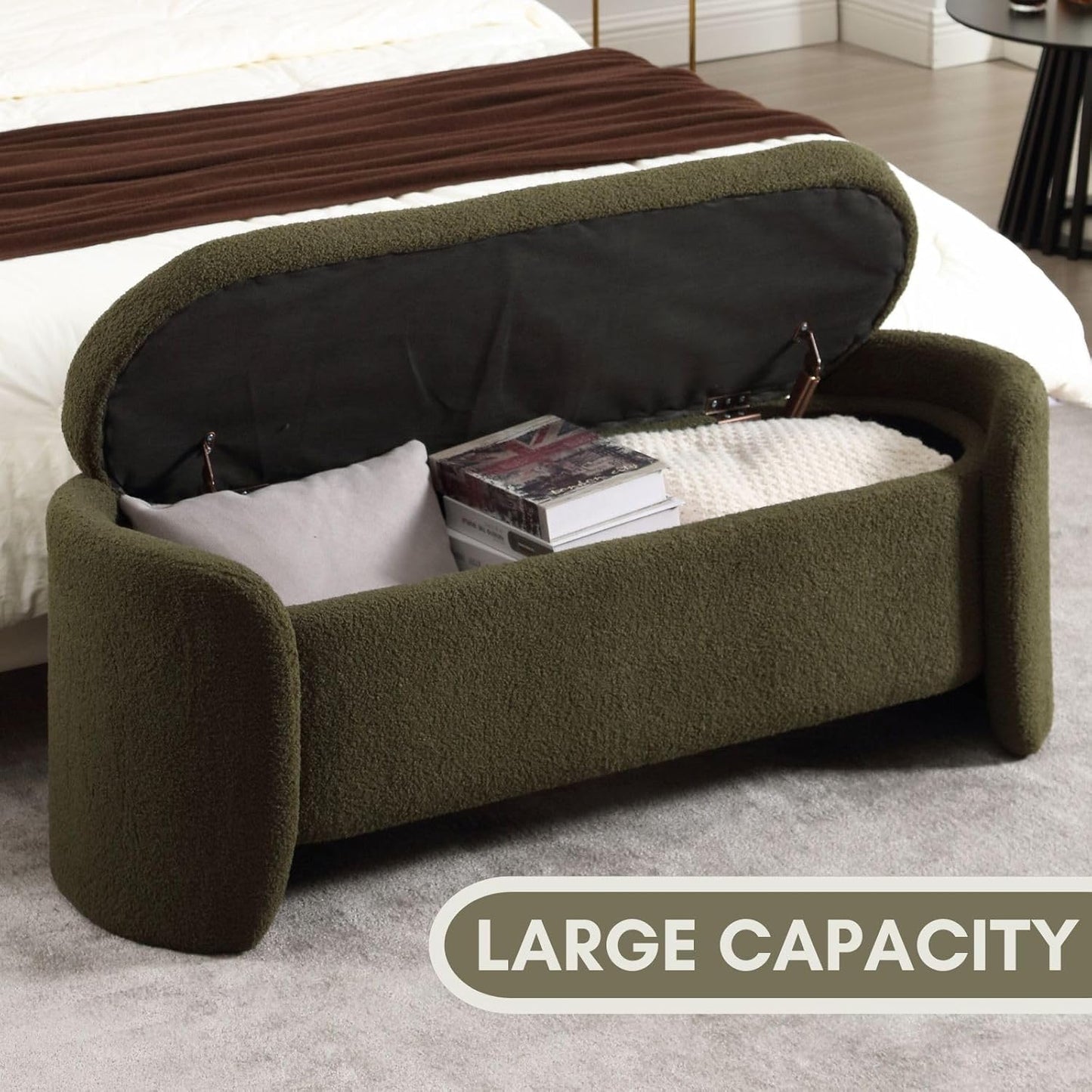 ROCTY Green Boucle Storage Bench - 50" Sherpa End of Bed Ottoman with Seating and Storage for Bedroom, Entryway, Living Room, Vanity or Makeup Room - Teddy Fabric