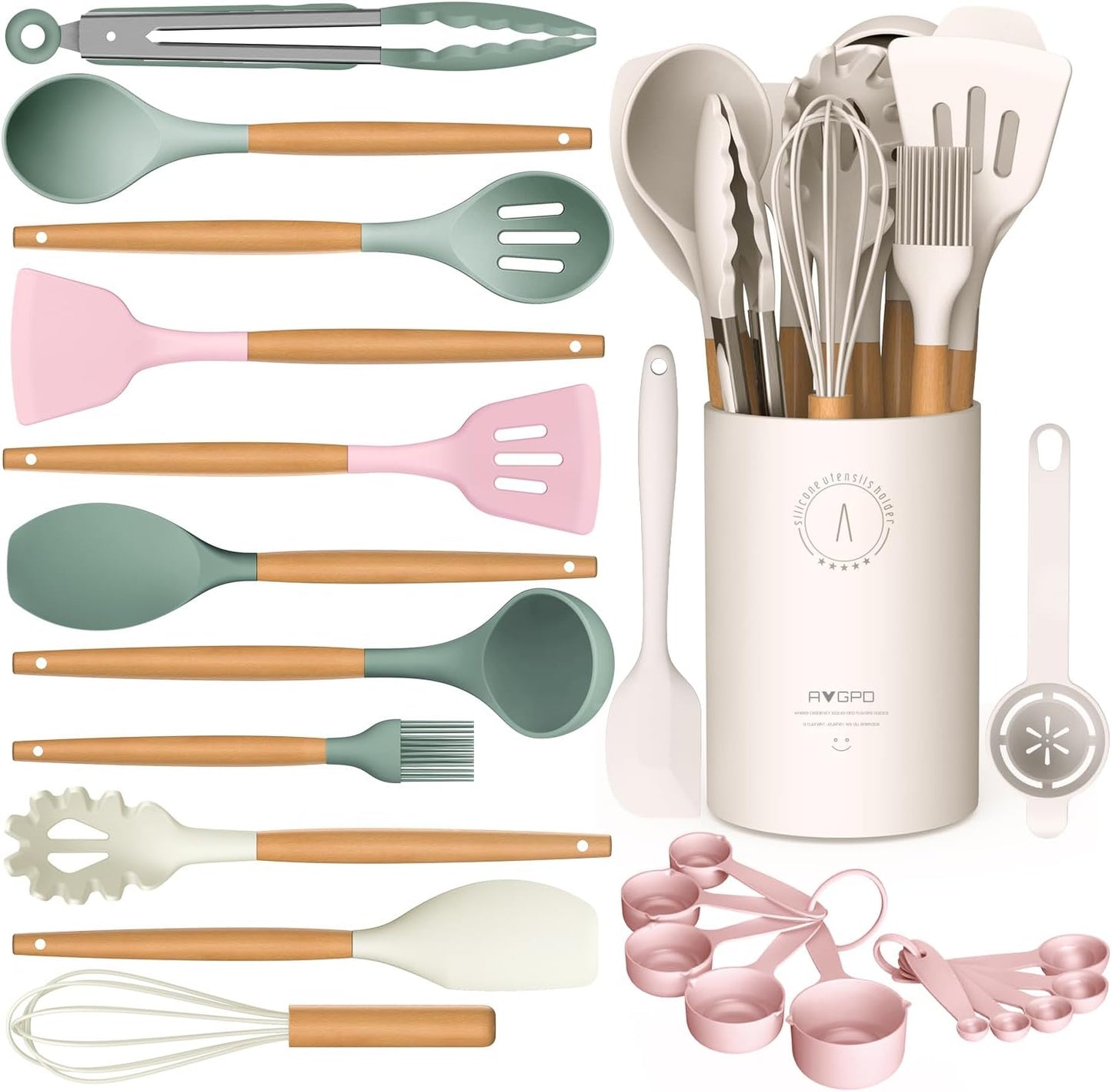 Silicone Cooking Utensils Set - Silicone Kitchen Utensils for Cooking Wooden Handles, 446°F Heat Resistant Kitchen Utensil Spatula Sets w Holder, Gadgets for Non-Stick Cookware BPA FREE (Multicolour)