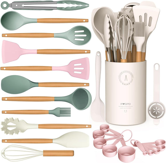 Silicone Cooking Utensils Set - Silicone Kitchen Utensils for Cooking Wooden Handles, 446°F Heat Resistant Kitchen Utensil Spatula Sets w Holder, Gadgets for Non-Stick Cookware BPA FREE (Multicolour)