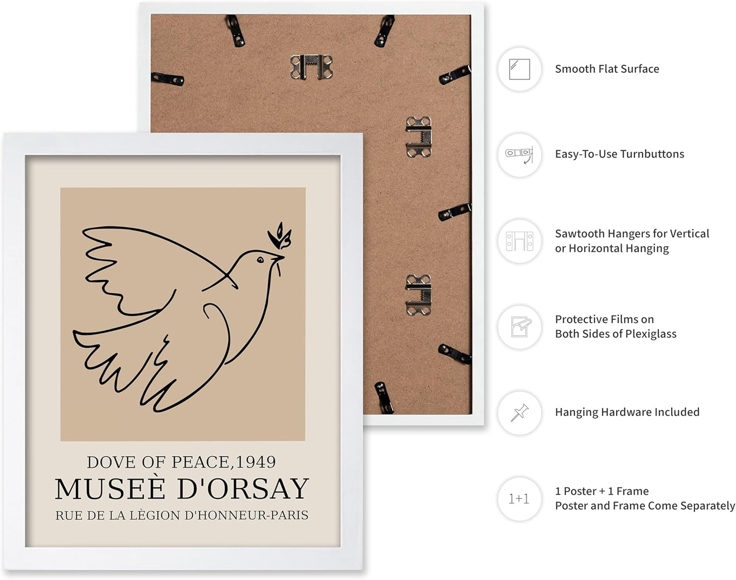 Poster Master Vintage Poster - Retro Minimalist Print - Gift for Artist, Friend - Dove Of Peace, Line Drawing, Sketch, Abstract - Wall Decor for Living Room, Bedroom, 11x14 White Framed