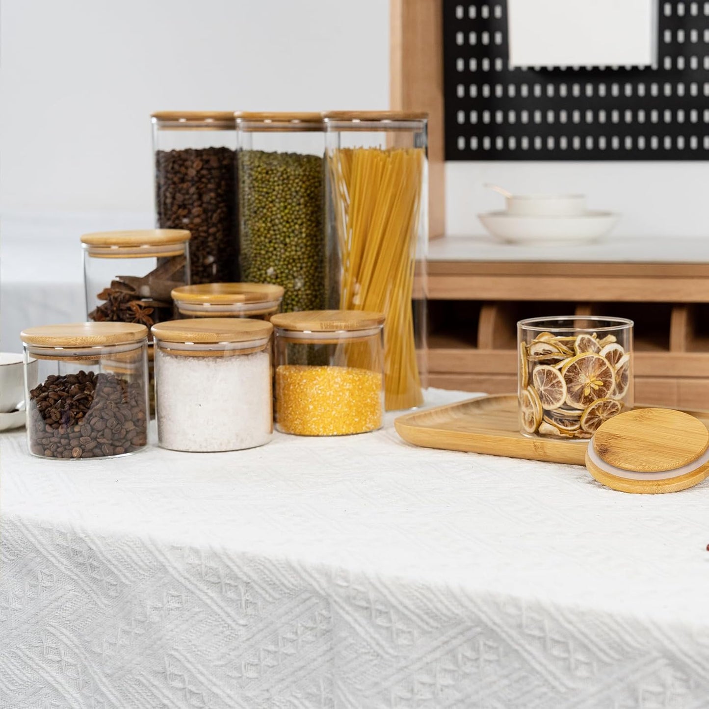 70oz Straight cylindrical Airtight Storage Jars with Bamboo Lid Set of 3 Storage Container Glass Jars, Kitchen Canister for Noodles, Pasta and Coffee beans (‎with Black Lable)