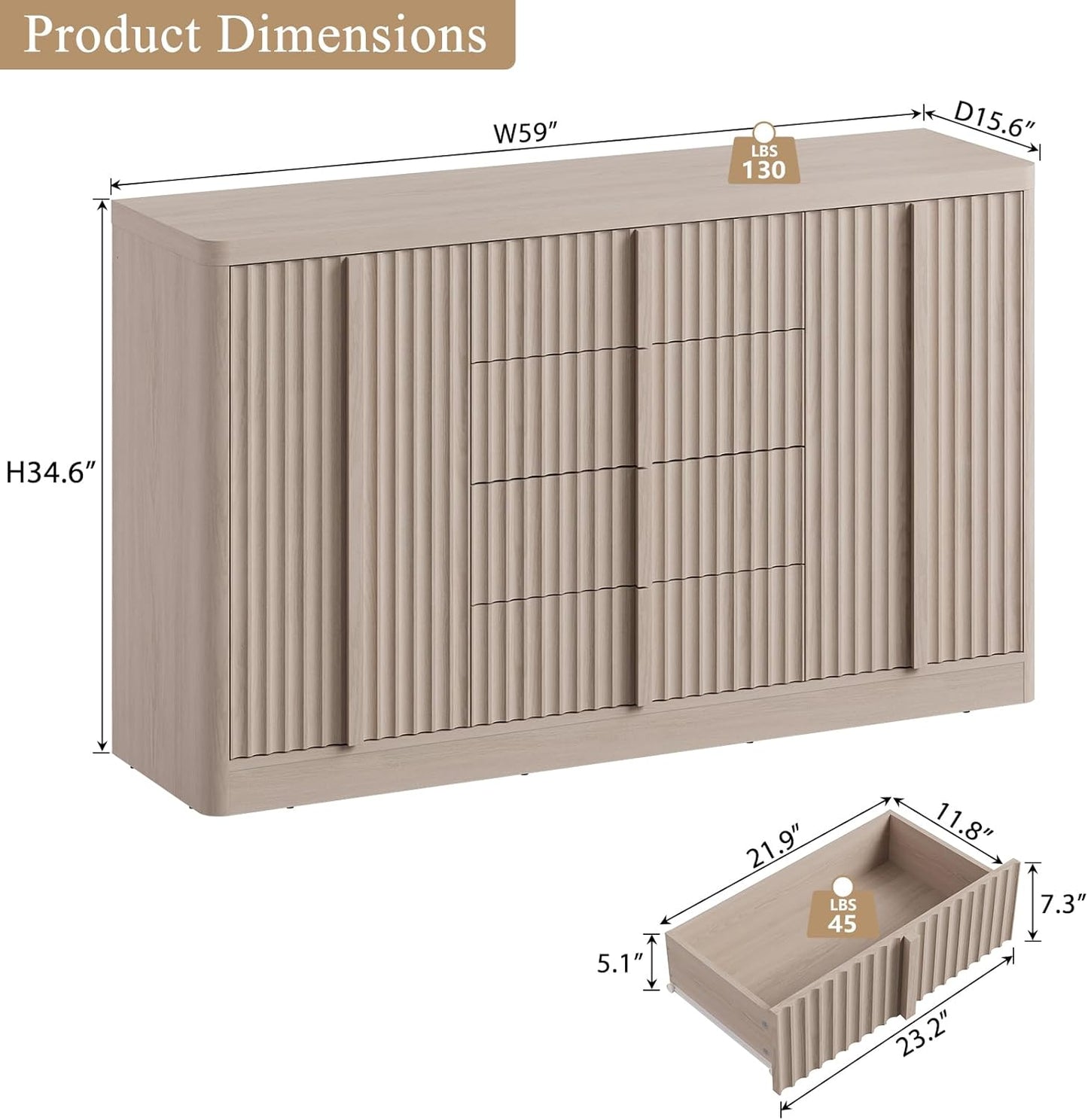 Buffet Cabinet with Storage, 120"Fluted Coffee Bar with 8 Drawers & 4 Doors, Modern Sideboard Buffet with Solid Wood Handle, Credenza Storage Cabinet for Kitchen Living Dining Room, Natural Oak(2PCS)