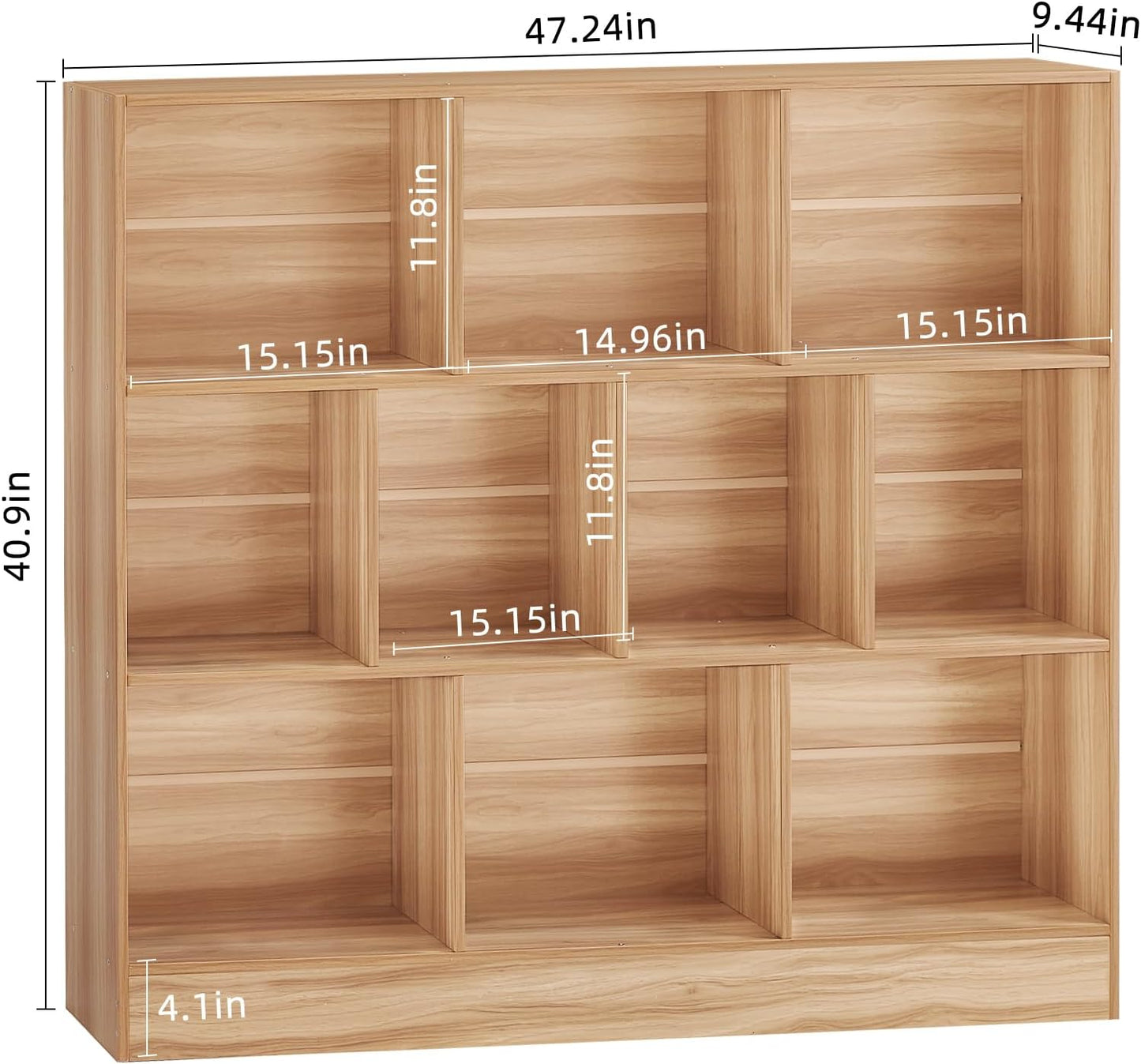 LEYAOYAO 10 Cube Bookshelf with Base,3 Tier Mid-Century Modern Grey Bookcase,Standing Wide Bookshelves Storage Organizer Shelf,Rustic Wood Display Cabinet Book Shelves for Bedroom,Living Room,Office