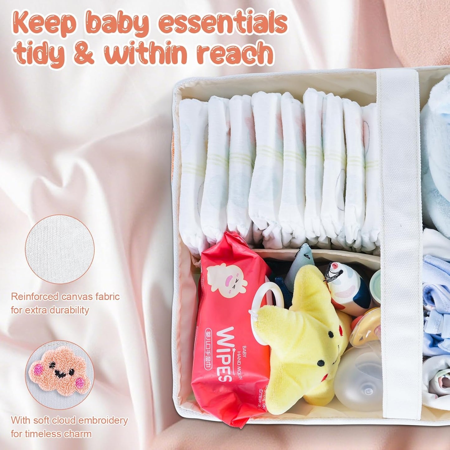 Baby Diaper Caddy Organizer with Handle - Durable Canvas Storage Basket with Cloud Embroidery, Portable Nursery Organizer for Newborn Essentials, Diaper Travel Bag, Baby Shower Basket-Pink