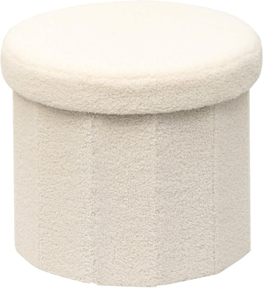 B FSOBEIIALEO Storage Ottoman Cube, Round Ottomans with Storage Foot Stool Footrest for Lving Room, Boucle Ottoman Seat for Dorm Room,Faux Teddy Fur, Cream White 15"x15"x15"