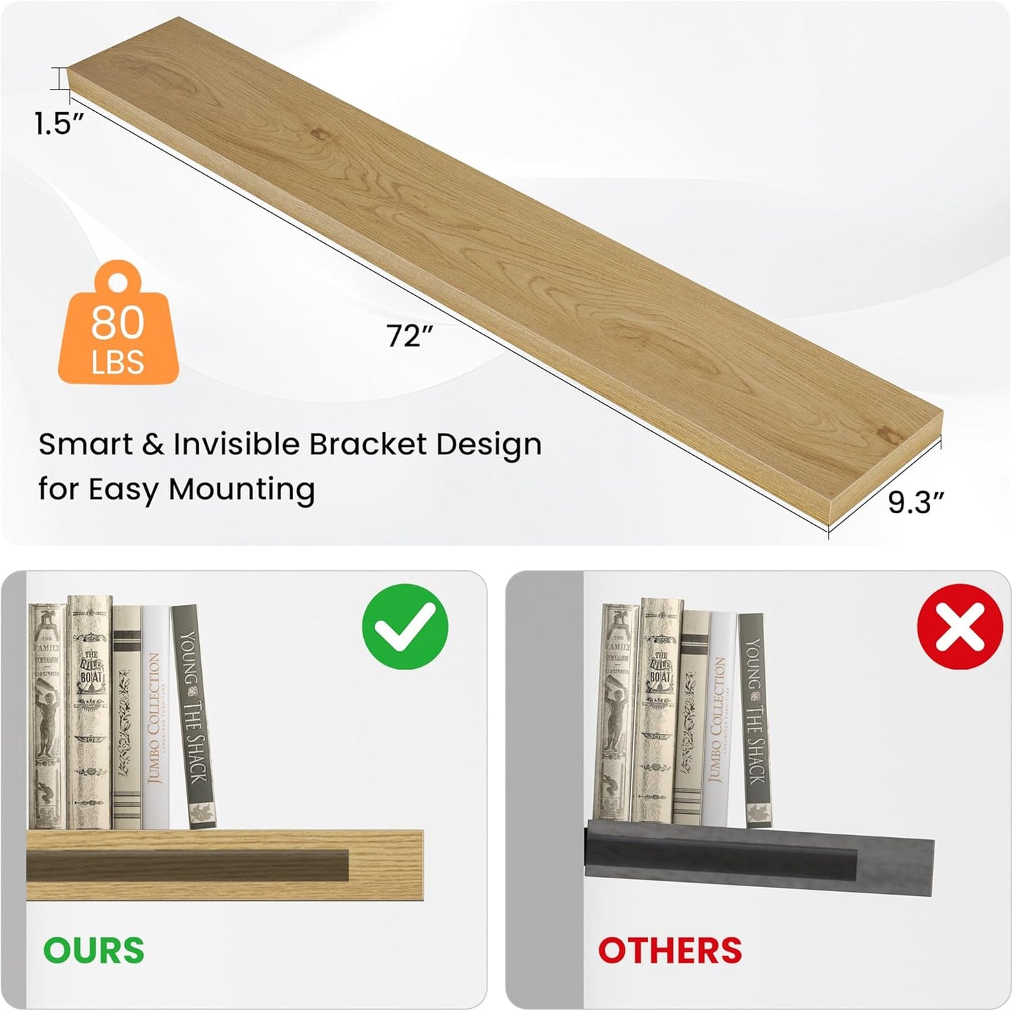 Floating Shelves for Wall, 72"W x 9.3"D x 1.5"H, Long Wooden Wall Mounted Display Shelves with Invisible Brackets for Living Room, Bedroom, Bathroom, Kitchen Decor and Storage, Set of 1, Oak