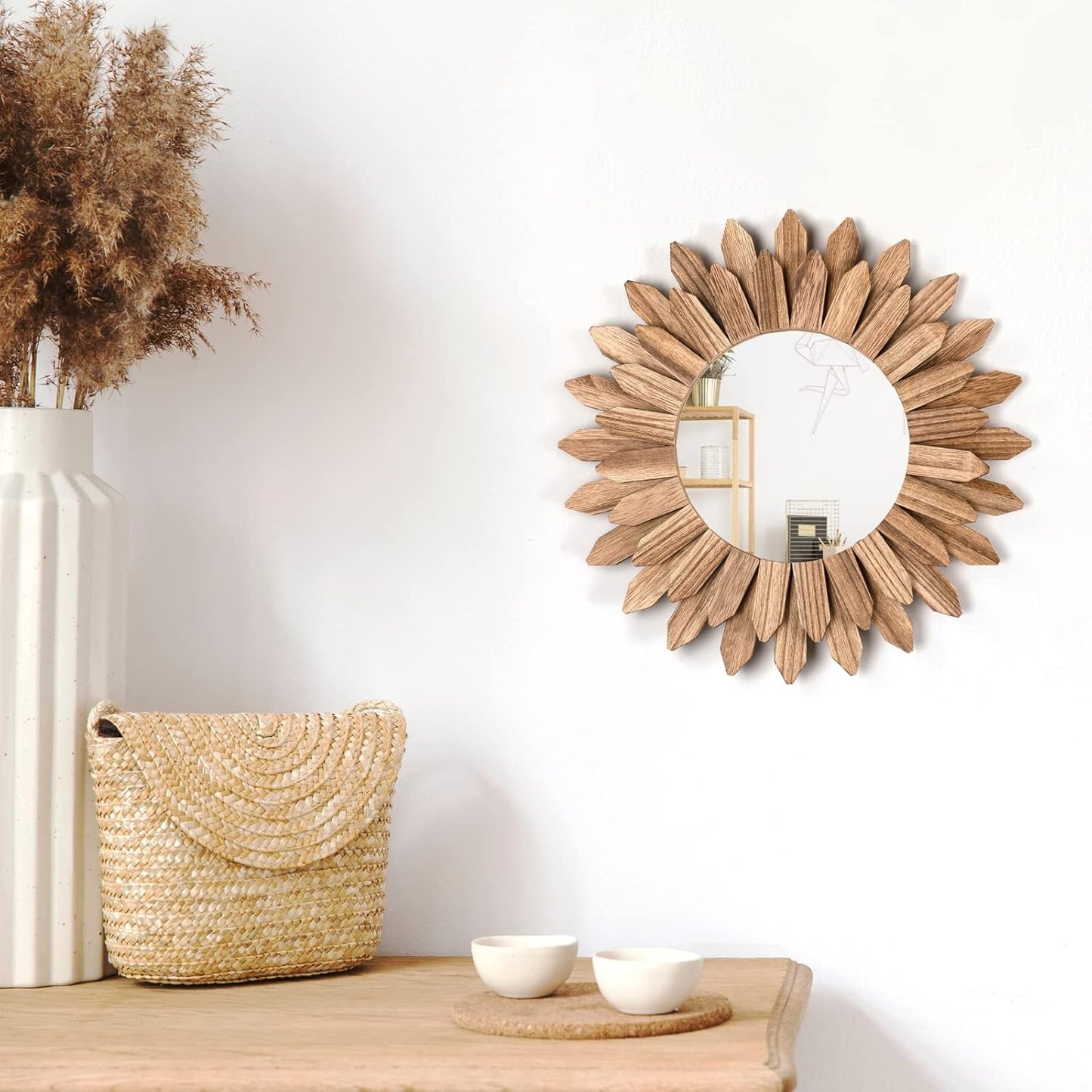 Honiway Boho Wall Decor Mirror 2 Pack Rustic Wood Mirror 12 inch Boho Mirror Home Decor Farmhouse Room Decorations for Bedroom Living Room Carbonized Black