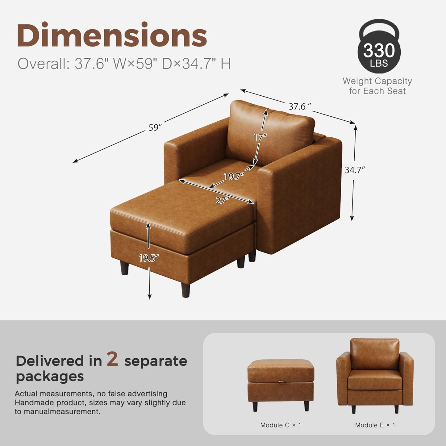 Faux Leather Single Sofa with Storage Ottoman, Modern Accent Chair Deep Seat Large Reading Armchair, Chaise Lounge Chair for Living Room Bedroom Office Brown