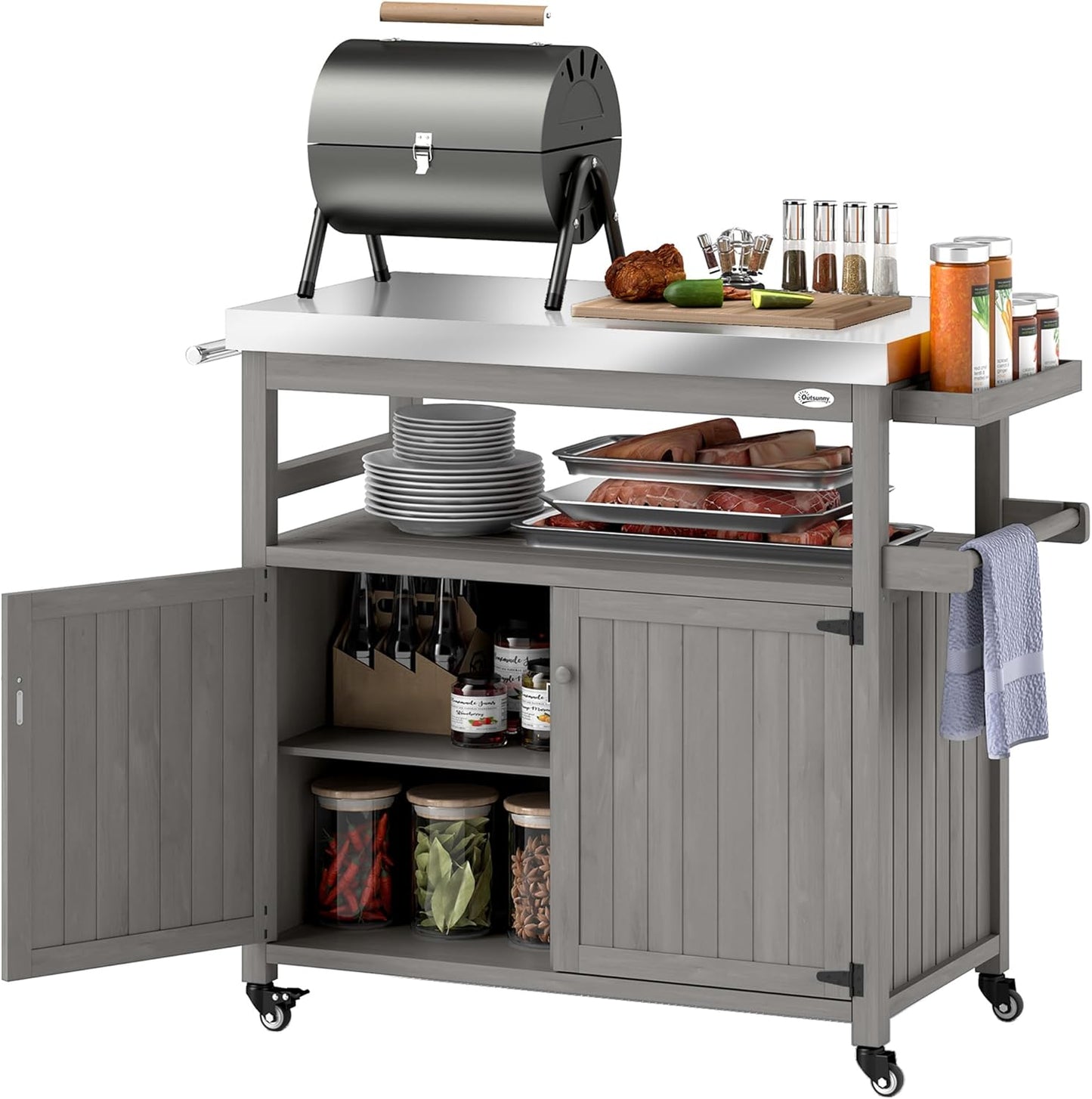 Outsunny Outdoor Grill Cart with Wheels and Storage, Solid Wood Outdoor Kitchen Island with Stainless Steel Top, Movable Bar Cart with Spice Rack, Side Handle, Integrated Hole for BBQ, Gray