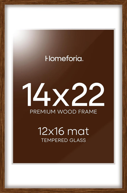 Homeforia 14x22 Picture Frame Brown, High End Dark Oak 14x22 Walnut Wooden Frames with Mat 12x16, 14 x 22 Wood Poster Frame Matted to 12 by 16, 22x14 Hanging Frames, Tempered Glass, Wall Kit, Set of 1