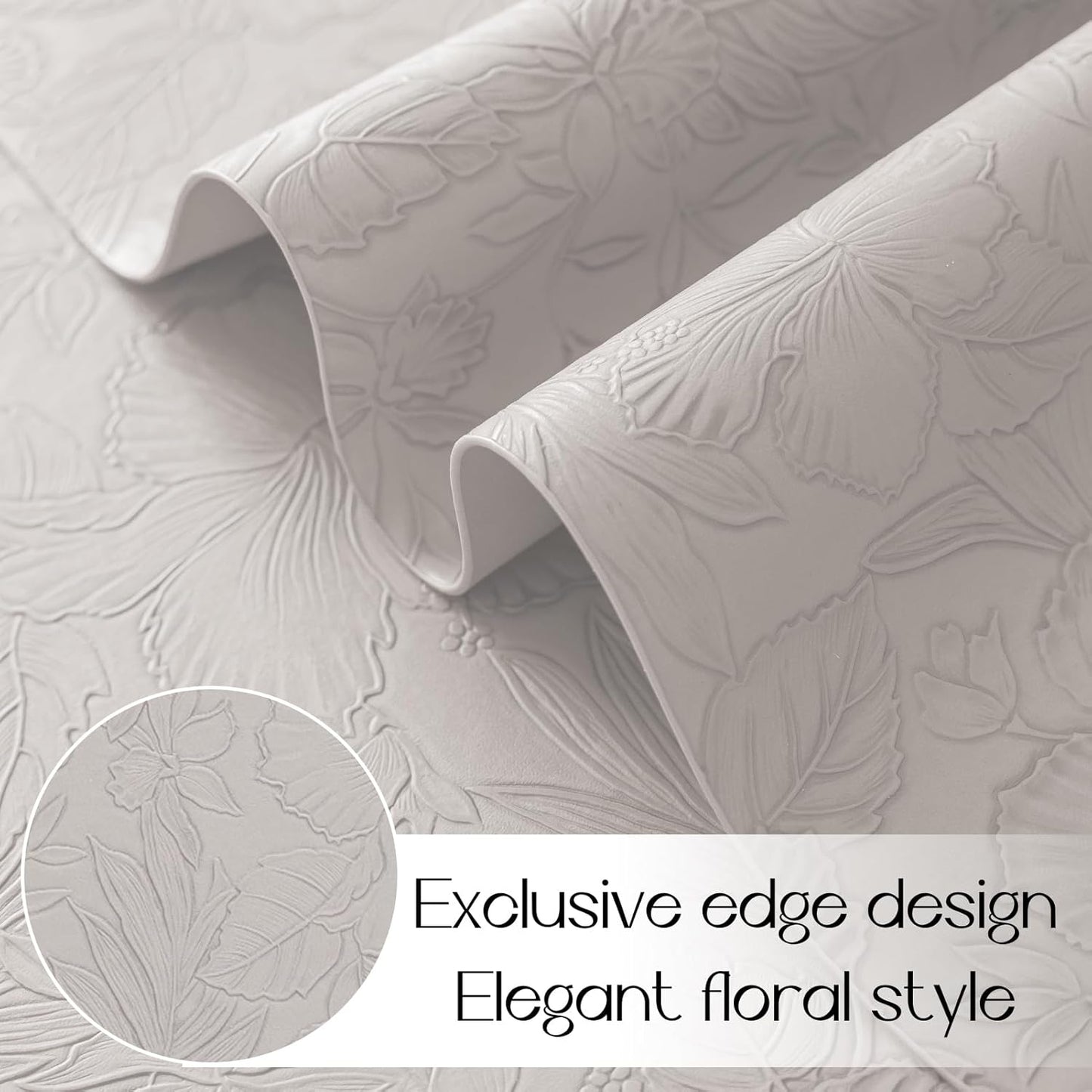 Romanstile Vinyl Placemats Set of 4-12 X 18 Inch - Heat Resistant Non-Slip Embossed Floral Place Mats 100% Waterproof Oilproof Wipeable Faux Leather Table Mats for Kitchen/Dining/Party, LightGrey