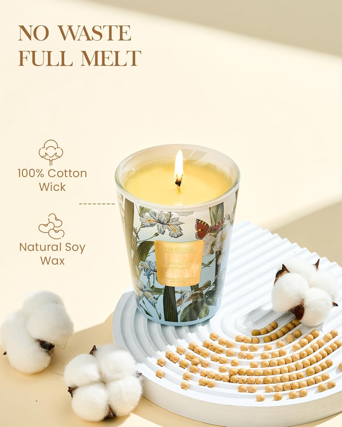 M&SENSE Jasmine Garland Scented Natural Soy Wax Candle, 14.1oz 60 Hours Long Lasting Slow Burning Candles for Home Decor, Aromatherapy Candle for Stress Relief