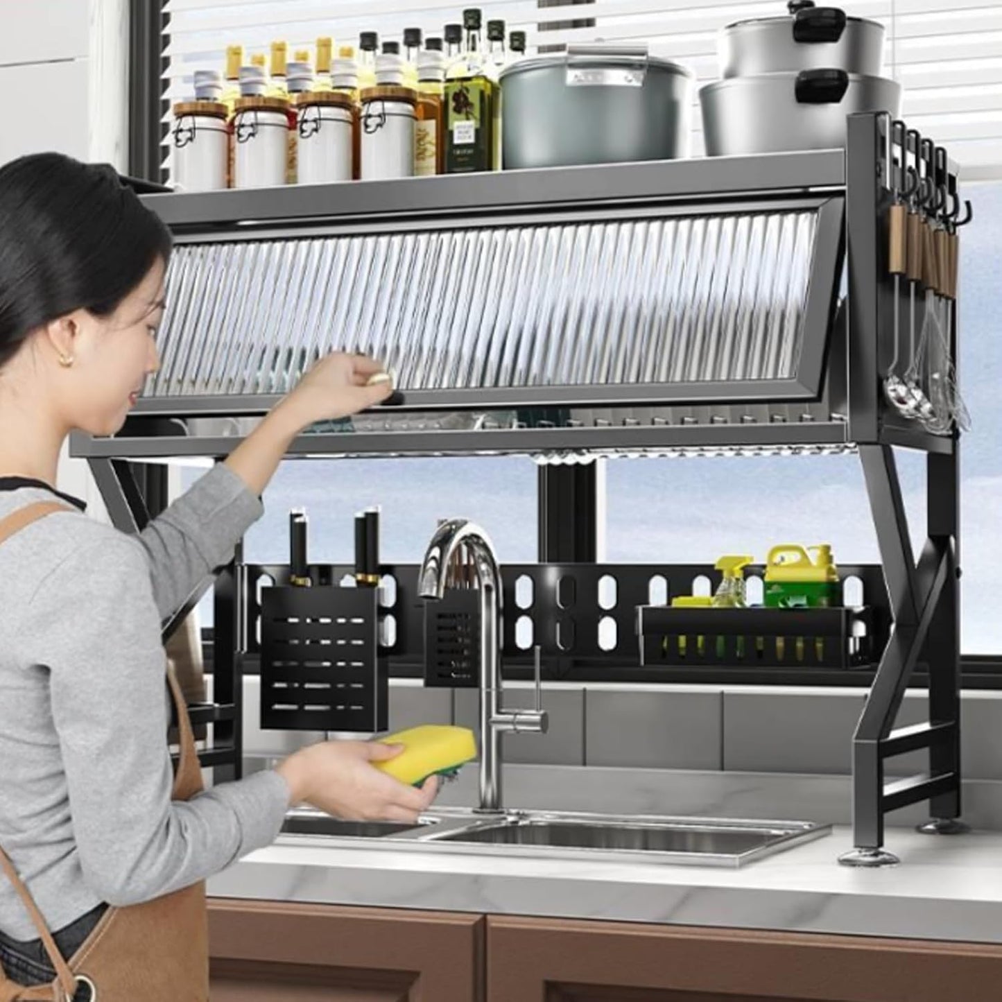 Kitchen sink rack dishwashing sink countertop dustproof cupboard storage multifunctional tableware storage drain rack double layer,KeepKitchen Sink Shlef Organized Space-Saving(Black,75cm/29.5in)