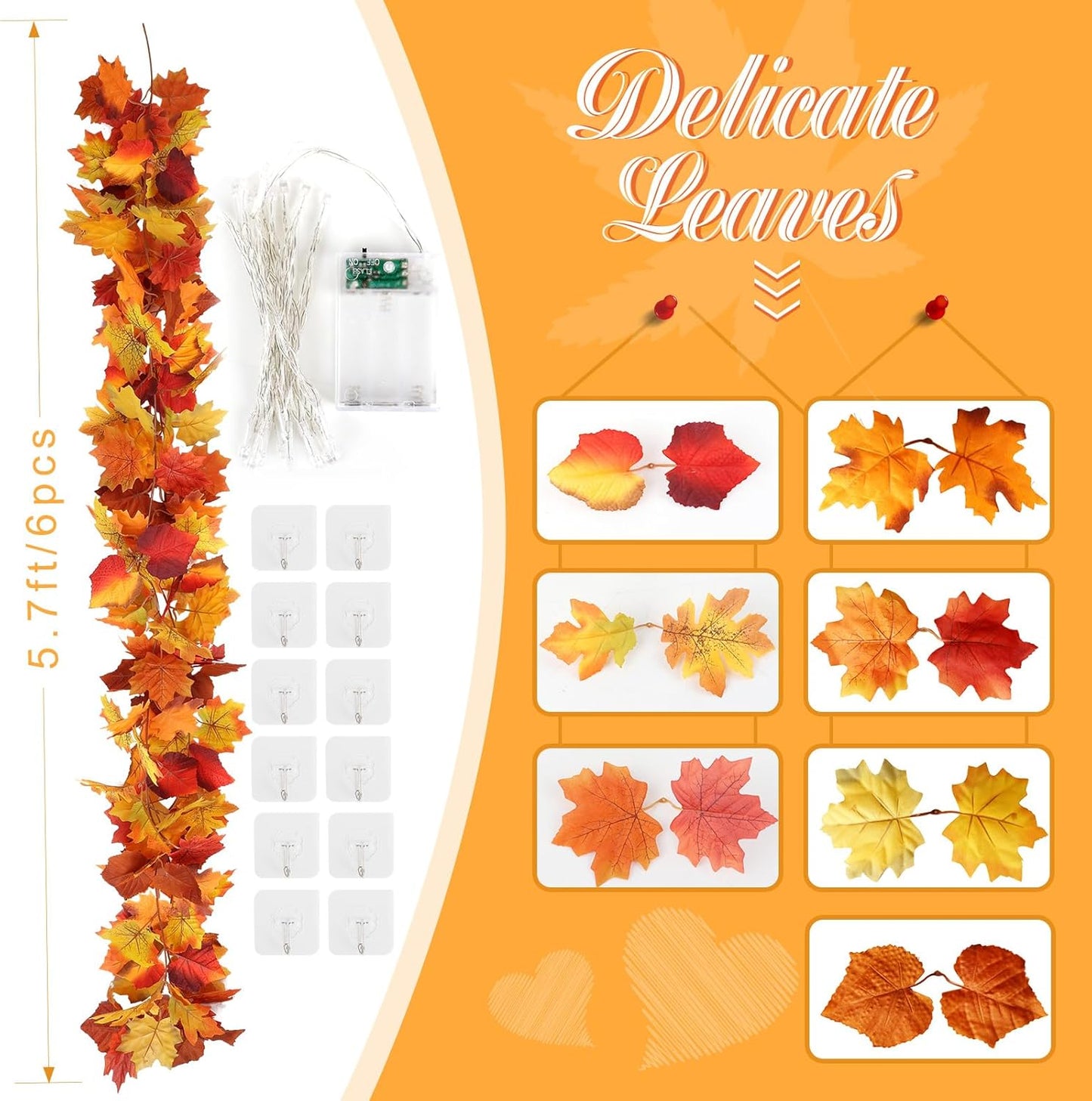 Joyhalo 6 Pack Fall Garland with Lights, Fall Leaves for Mantle, Outdoor Lighted Up Leaf Garland Autumn Decor with 6.5FT LED String Lights, Hanging Maple Leaves for Door, Thanksgiving Decor