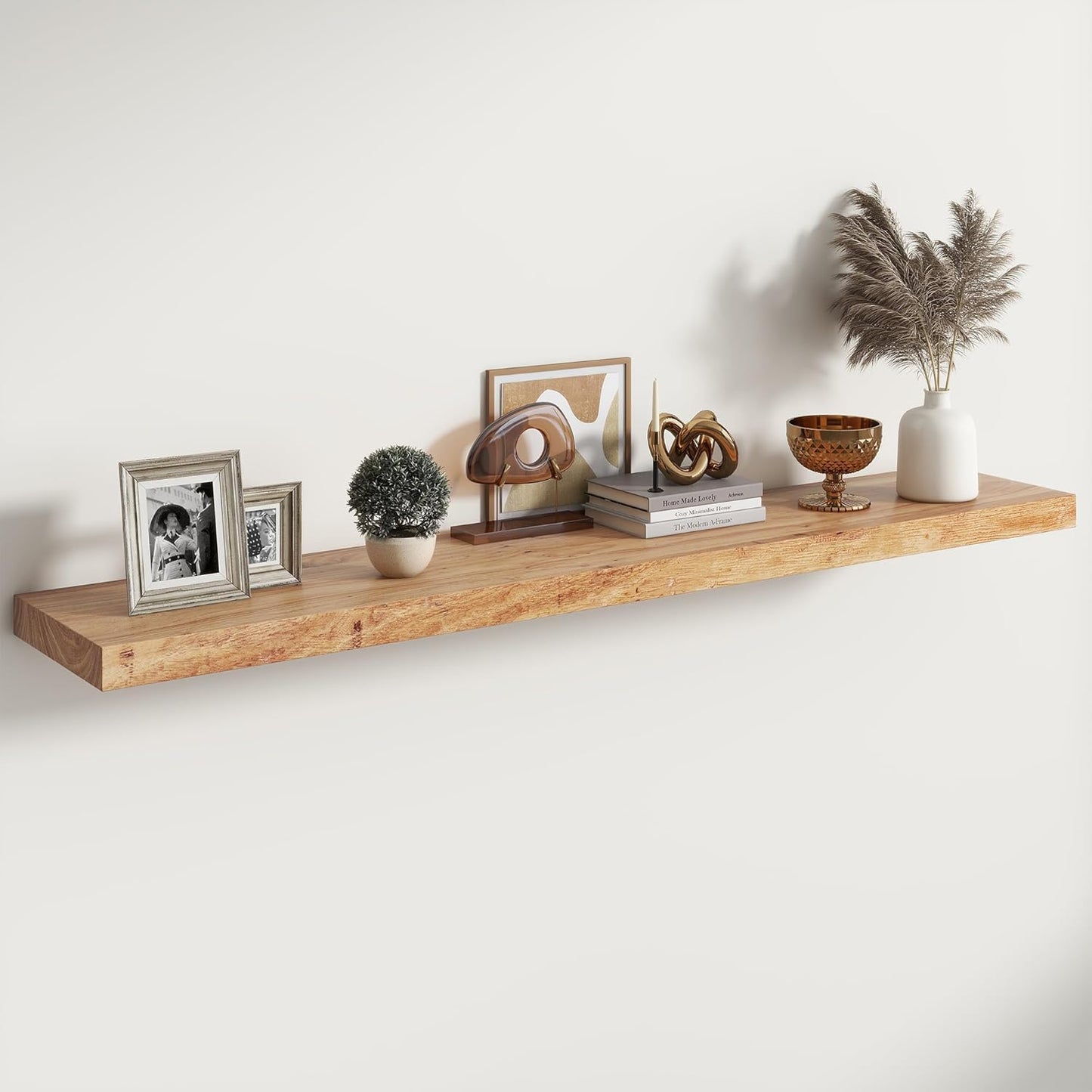 RICHFOCUS Elm Floating Shelves for Wall - 55" W x 9.3" D Rustic Solid Wood Shelves with Invisible Bracket, Wall-Mounted for Living Room, Bedroom, Kitchen Storage & Display, Set of 1, Natural