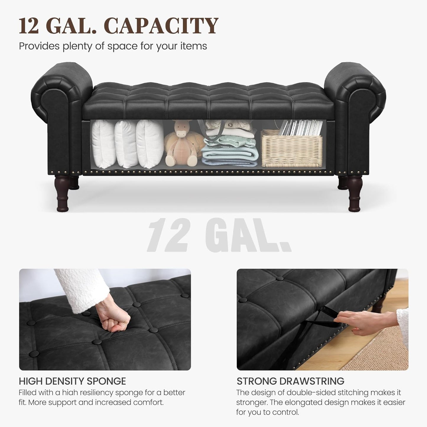 Storage Ottoman Bench for Bedroom, 51" Upholstered Bedroom Bench with Rolled Arms and Vintage Rivets, Large Storage Chest for Living Room, Bedroom, Entryway, Black